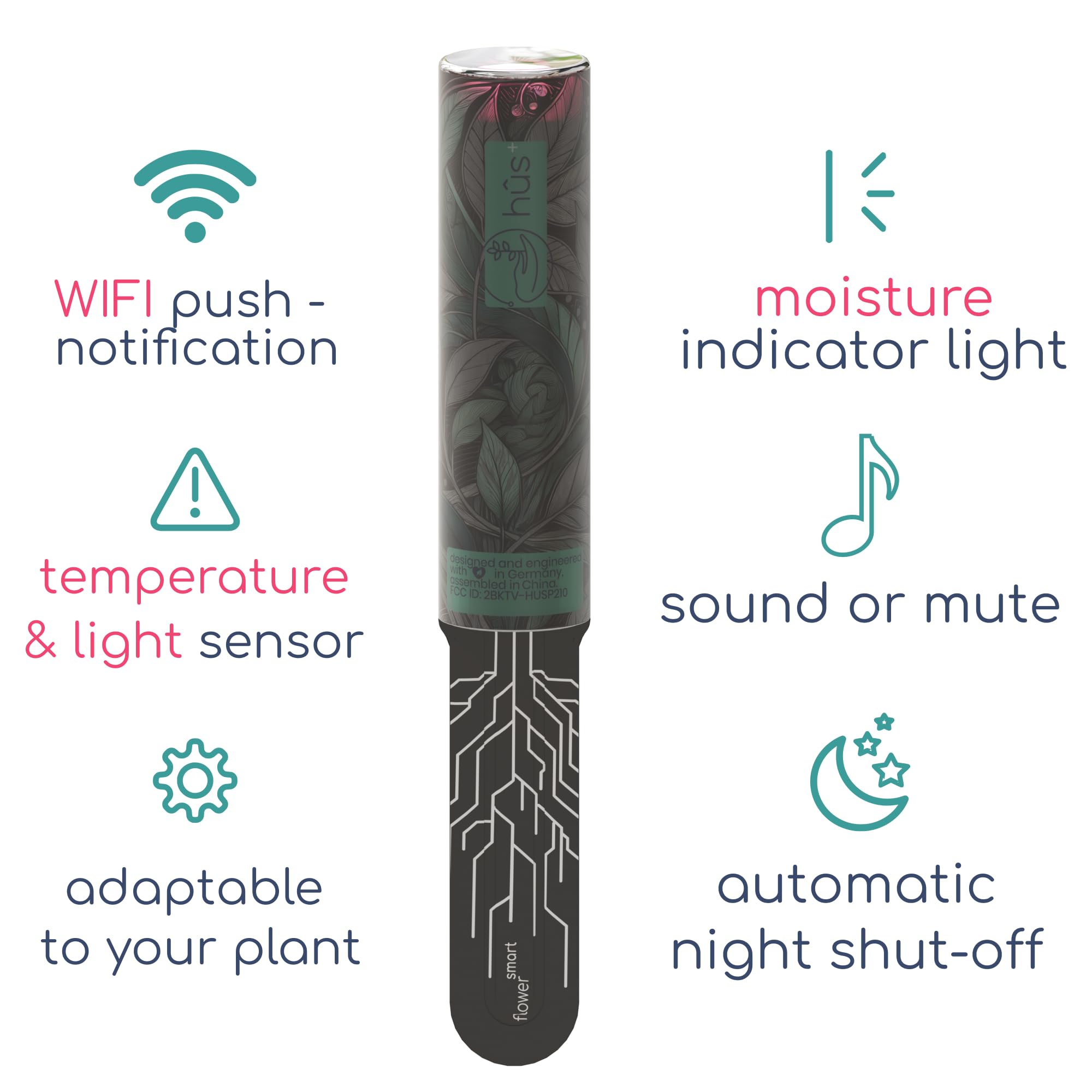 Flower smart 【 A Babysitter for Your Plants 】 Smart WiFi Pflanzensensor Gießanzeiger Feuchtigkeitsmesser für Pflanzen - Bodentester Wasserdicht WLAN Sensor digital (6, Botanical Black)