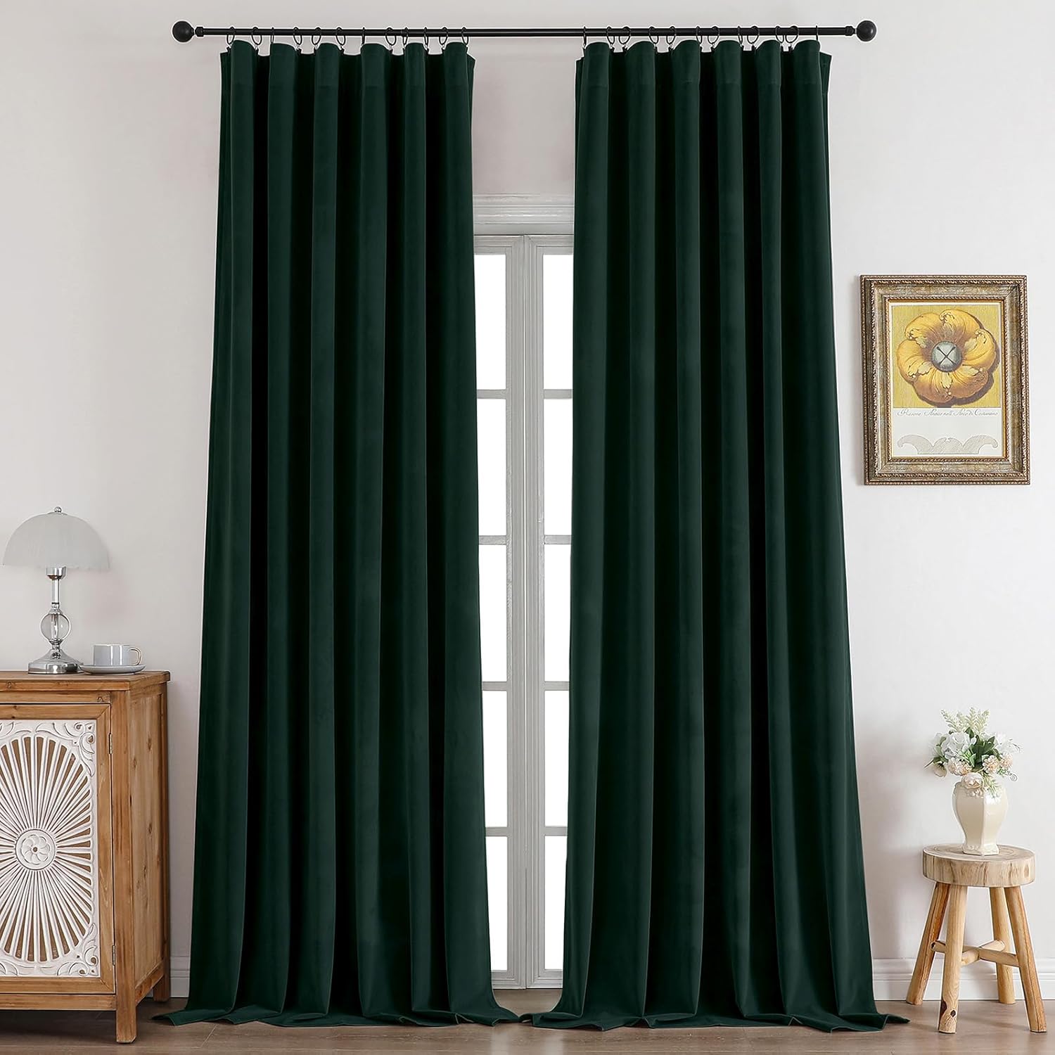 CUCRAF Dark Green Velvet 100% Blackout Curtains 72 inches Long, Thermal Insulated, Noise Reducing Rod Pocket Luxury Drapes for Bedroom Living Room(52x72 inches, 2 Panels)