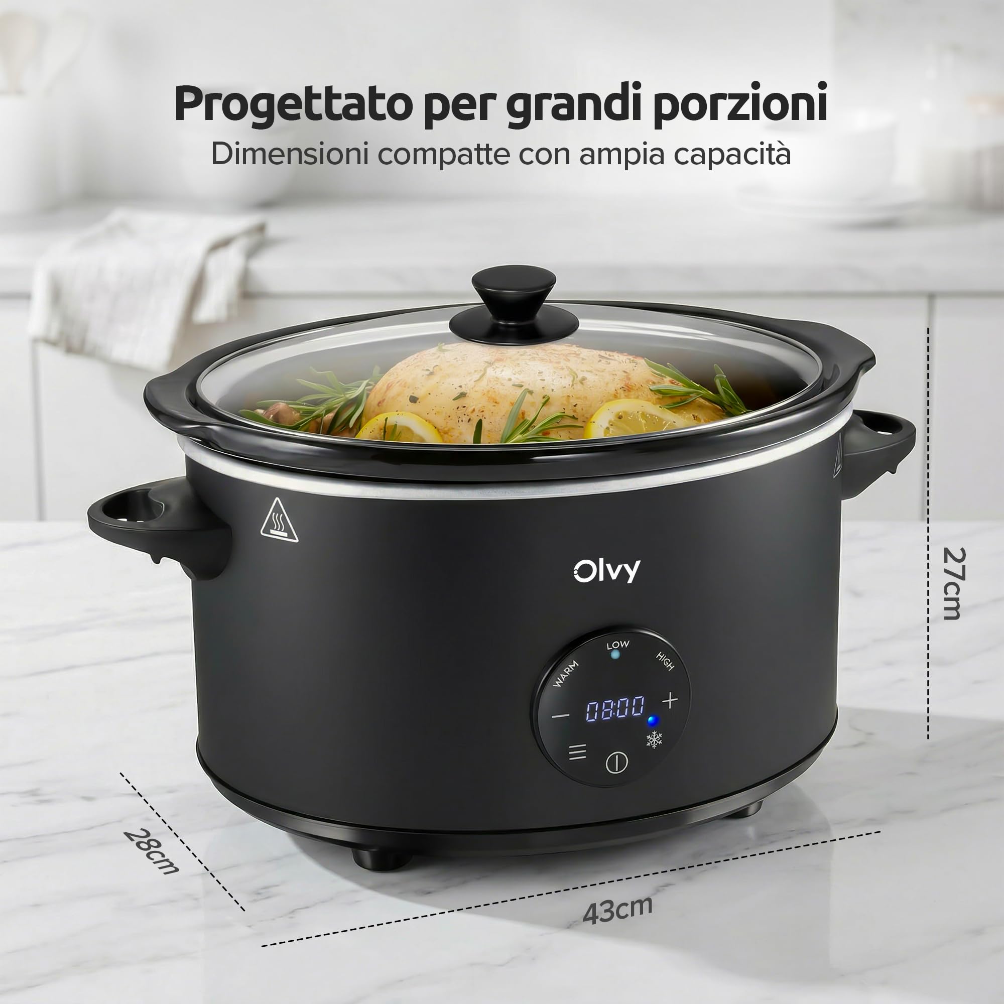 Olvy Slow Cooker - Casseruola digitale da 6 l, con timer, touch screen, funzione di scongelamento, timer 24 ore, 3 livelli, famiglia Meal Prep
