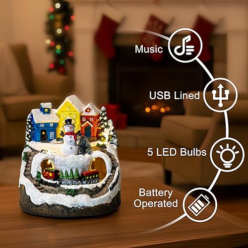 Miniatura 5 de MXwcy Casa de pueblo navideño con tren en movimiento y música, figura de muñeco de nieve iluminada con 8 canciones navideñas, luces LED, edificio