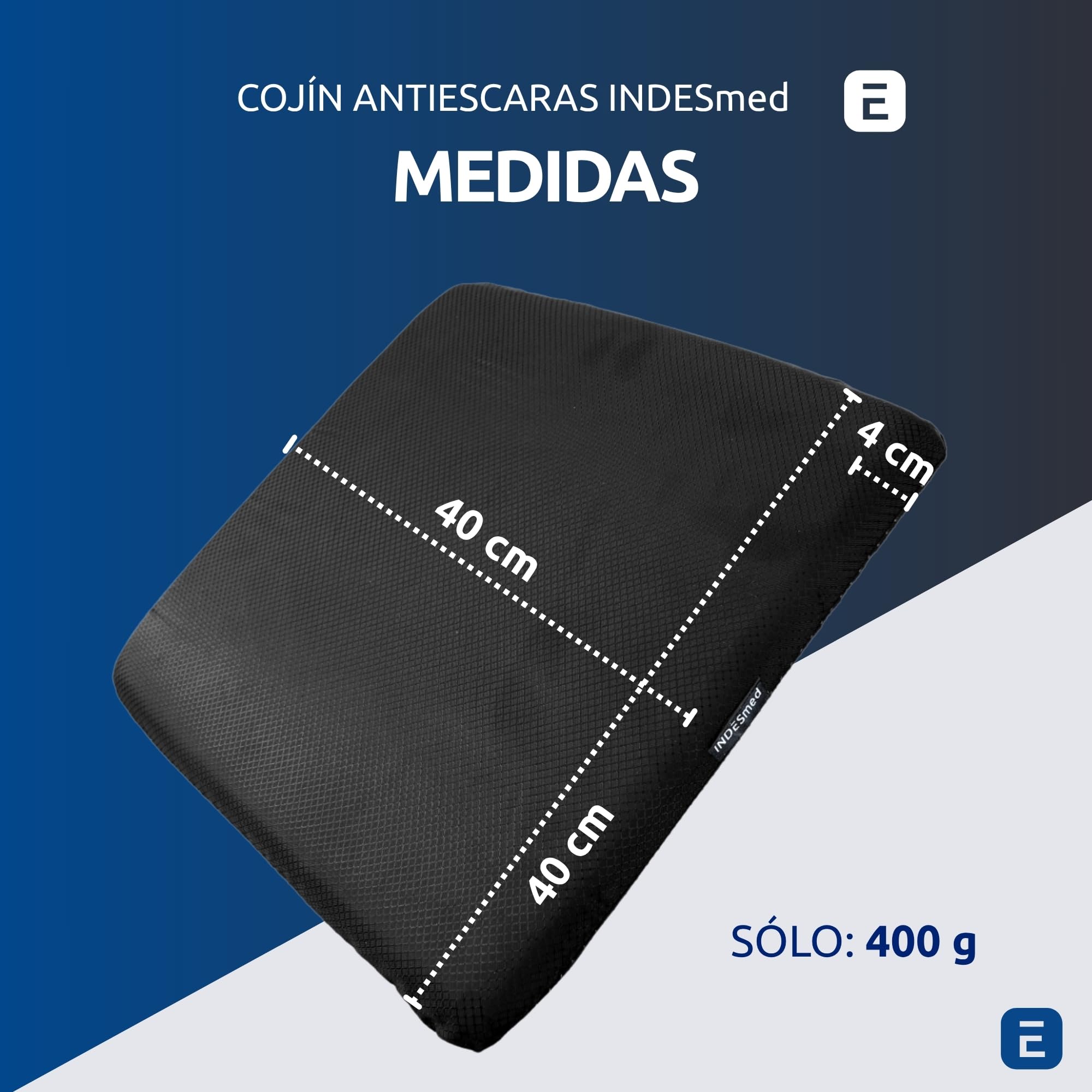 INDESMED Cojín Antiescaras Espuma Viscoelástica Alta Densidad, 100% Impermeable, Antideslizante y Ergonómico para Silla de Ruedas, Oficina |Cojín postural-Funda Lavable|Fabricado en España-40x40x4cm