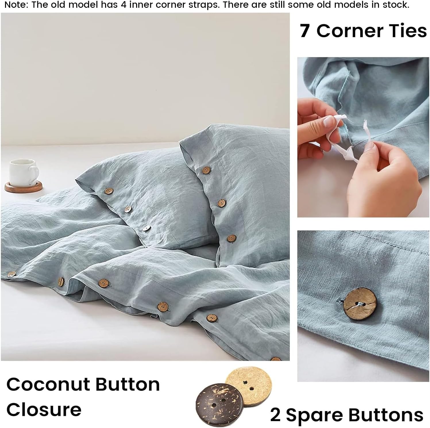 Simple&Opulence 100% Linen Duvet Cover Set 3pcs with Coconut Button Closure Natural French Washed Flax Solid Color Soft Breathable Farmhouse Bedding - Dusty Blue, King Size