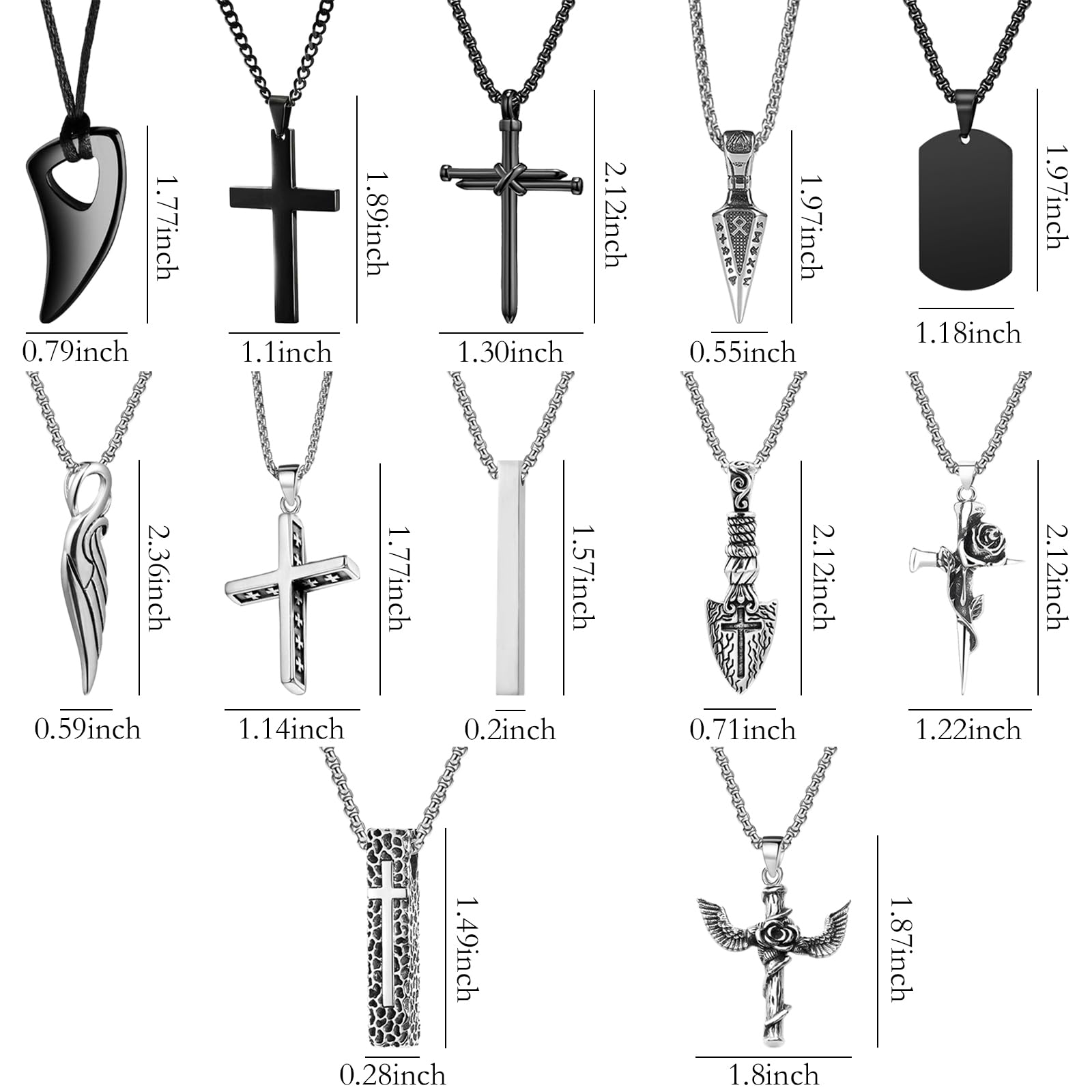 NEWITIN 12 Pieces Stainless Steel Necklaces for Men Hypoallergenic Necklace Unisex Punk Necklace Amulet Pendant Nail Cross Viking Necklaces for Men Women