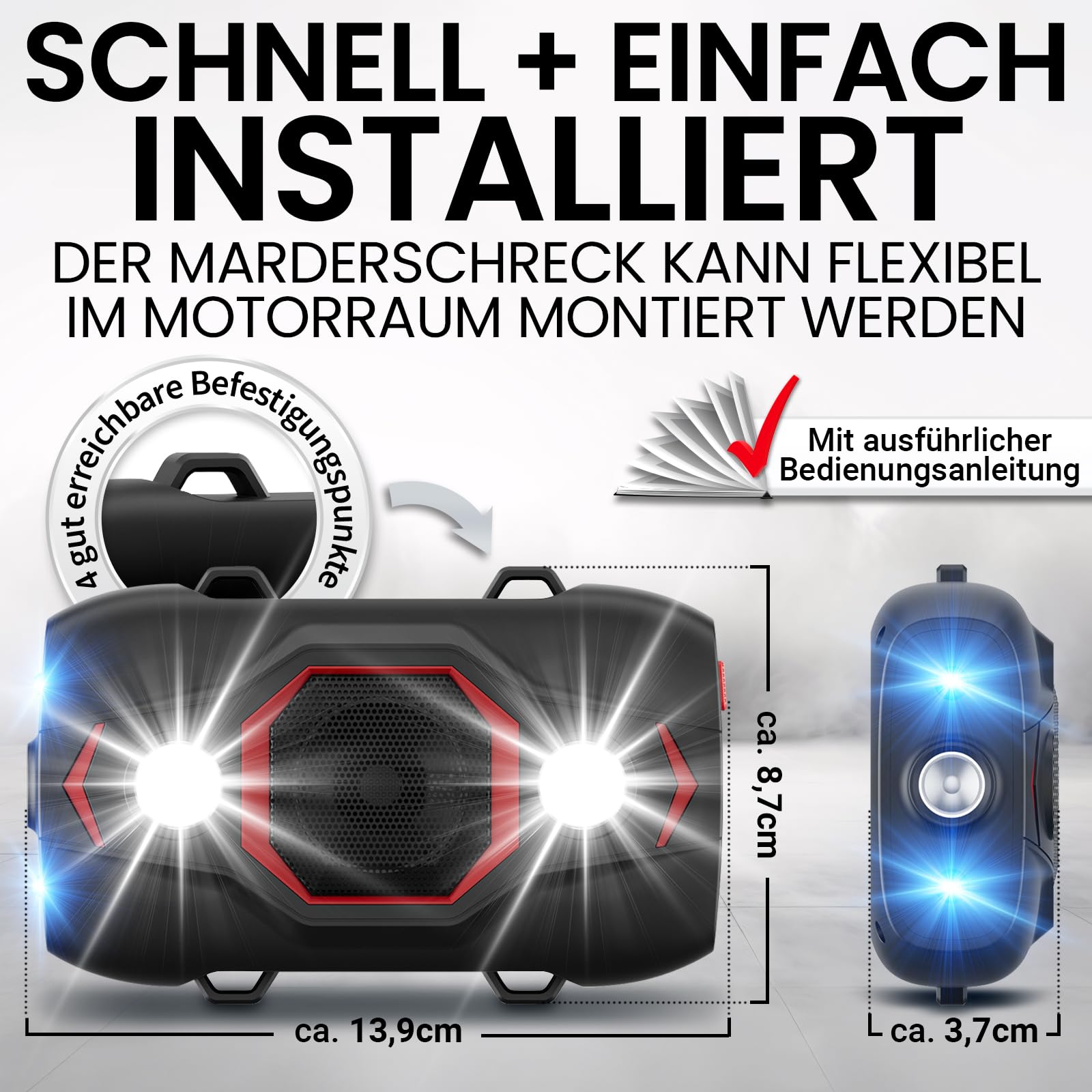 Heimwert Marderschreck Auto - Profi Ultraschall Marderschutz für sofortigen Erfolg - 2 Wege Marder Abwehr mit Blitzlicht und wechselnden Ultraschall Frequenzen zur sicheren Marderabwehr (Typ 1)