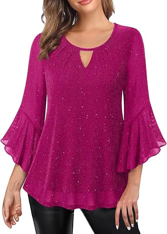 Sparkly Tops for Women Dressy Casual Sequin Top 3/4 Bell Sleeve Tops Night Out Keyhole Neck Party Holiday Blouses