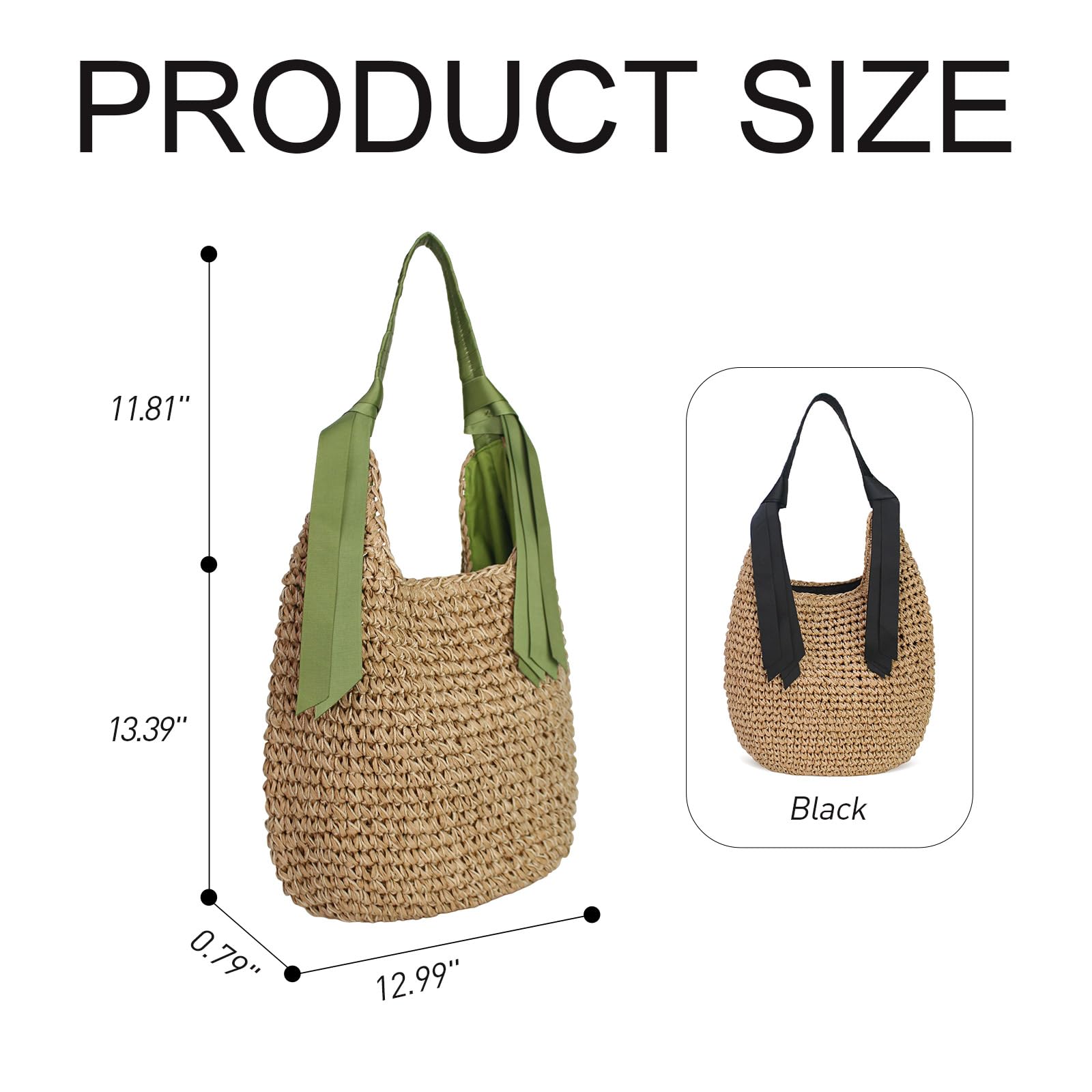 Sac de Plage en Paille pour Femme, Grand Cabas Tressé d'Été Sac à Main Épaule, Sac Hobo en Rotin avec Ruban de Soie
