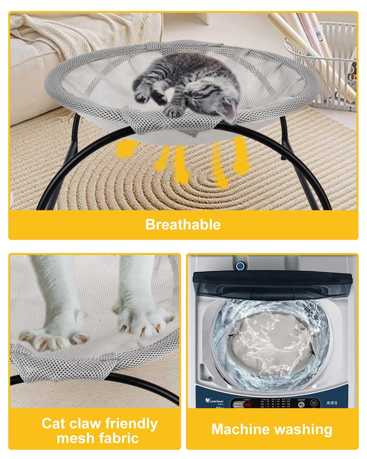 mumisuto Amaca per Gatti, Cuccia per Gatti da Interno Staccabile, Amaca Gatto Traspirante e Lavabile, Struttura Stabile, Facile Montaggio, per Piccolo Cani e Gatto Grande, 43×43×24,5cm, Grigio