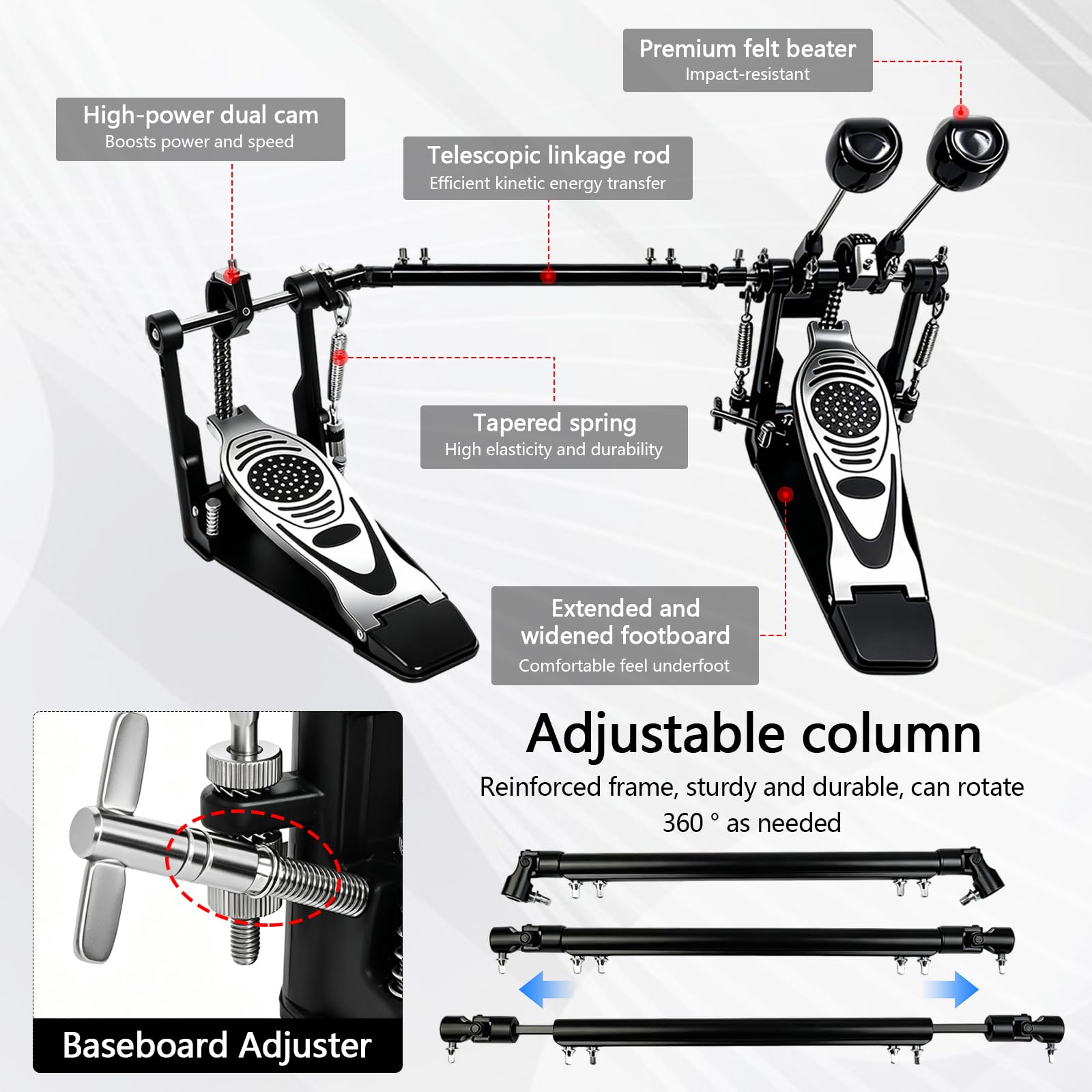 Doble Pedal Bombo para Batería, Pedal Doble Profesional con Transmisión de Doble Cadena Accesorios de Percusión para Batería de Jazz y PrácticaIncluye Barra de Conexión y Llaves de Ajuste