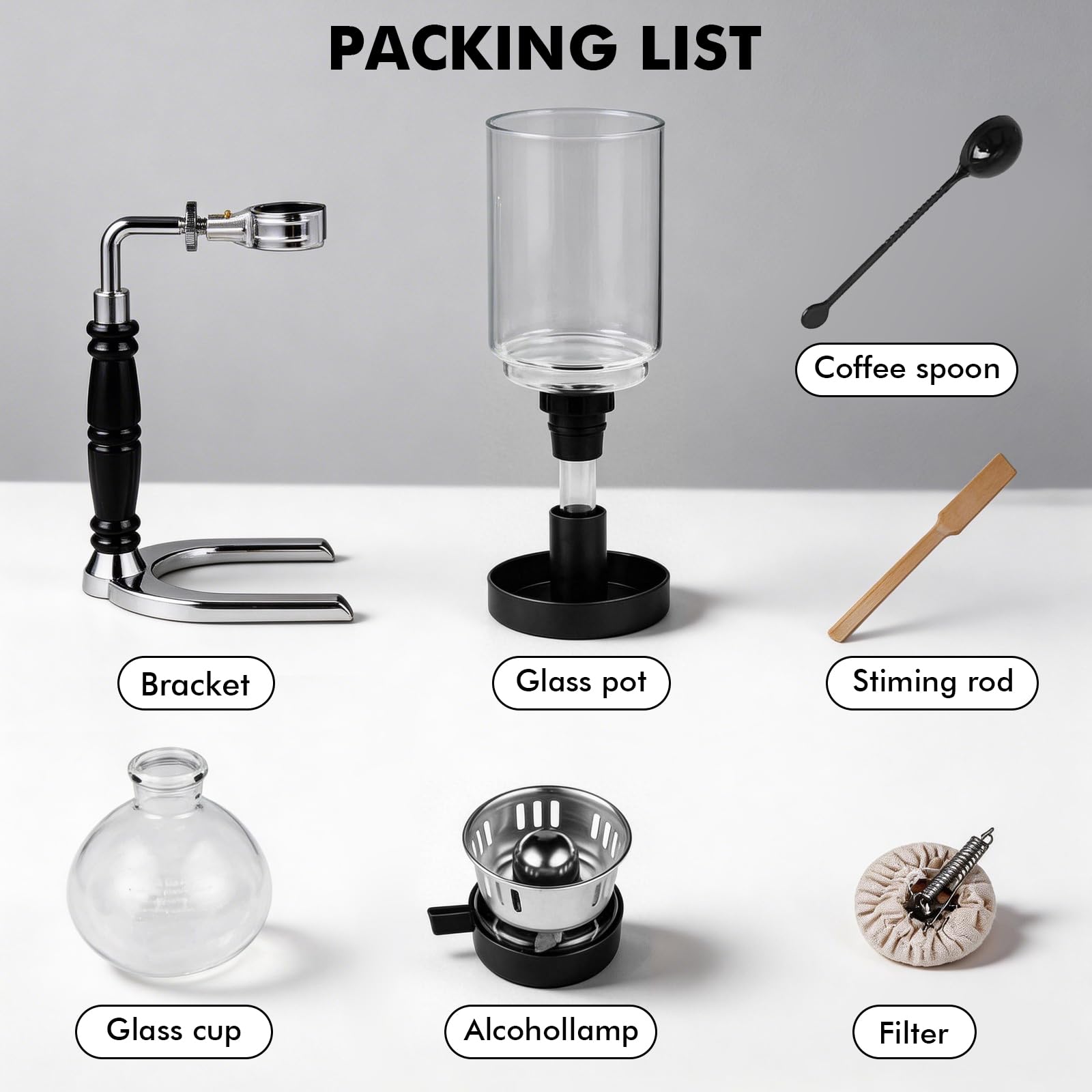 LIROPAU Machine à café siphon, cafetière sous vide, siphon à café japonais, 5 tasses, 600 ml, résistant à la chaleur, avec base de filtre anti-goutte, outils d'extraction pour café infusé à la main