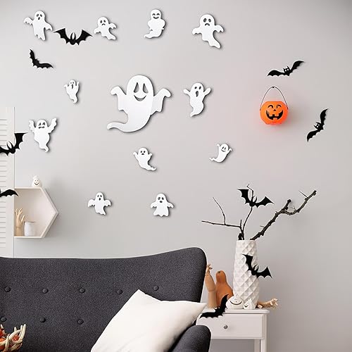 Miniatura 2 de 24 calcomanías de pared de fantasmas de Halloween 3D de fantasmas blancos para decoración de pared, reutilizables, autoadhesivas, lindas y