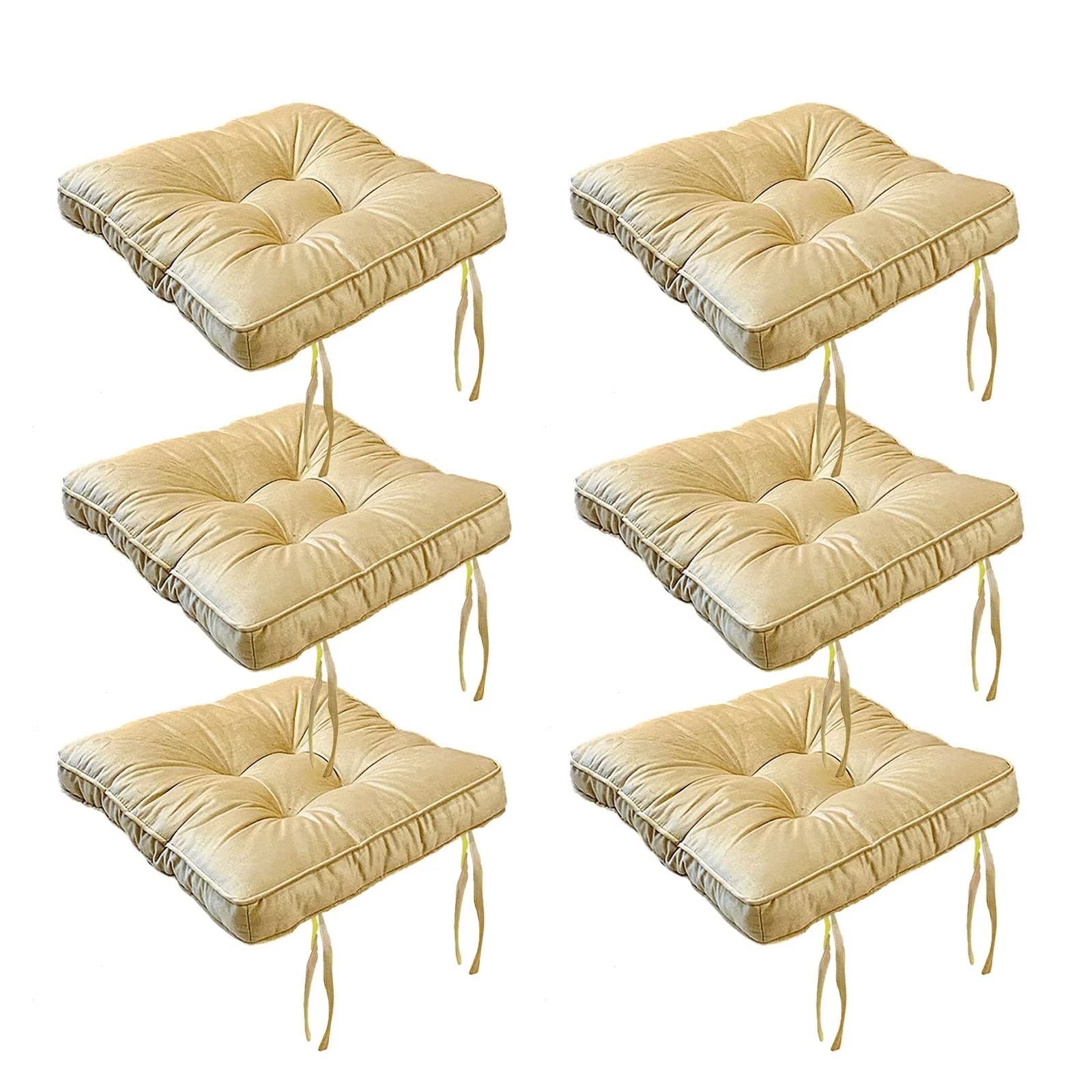 ZIBENE Square Dining Room Chair Cushions Set Of 6, Chair Pads for Dining Chairs 6 Pack with Ties, Extra Thick Seat Cushion with Anti-Slip Straps and Hidden Zipper, Durable Velvet Cover Beige