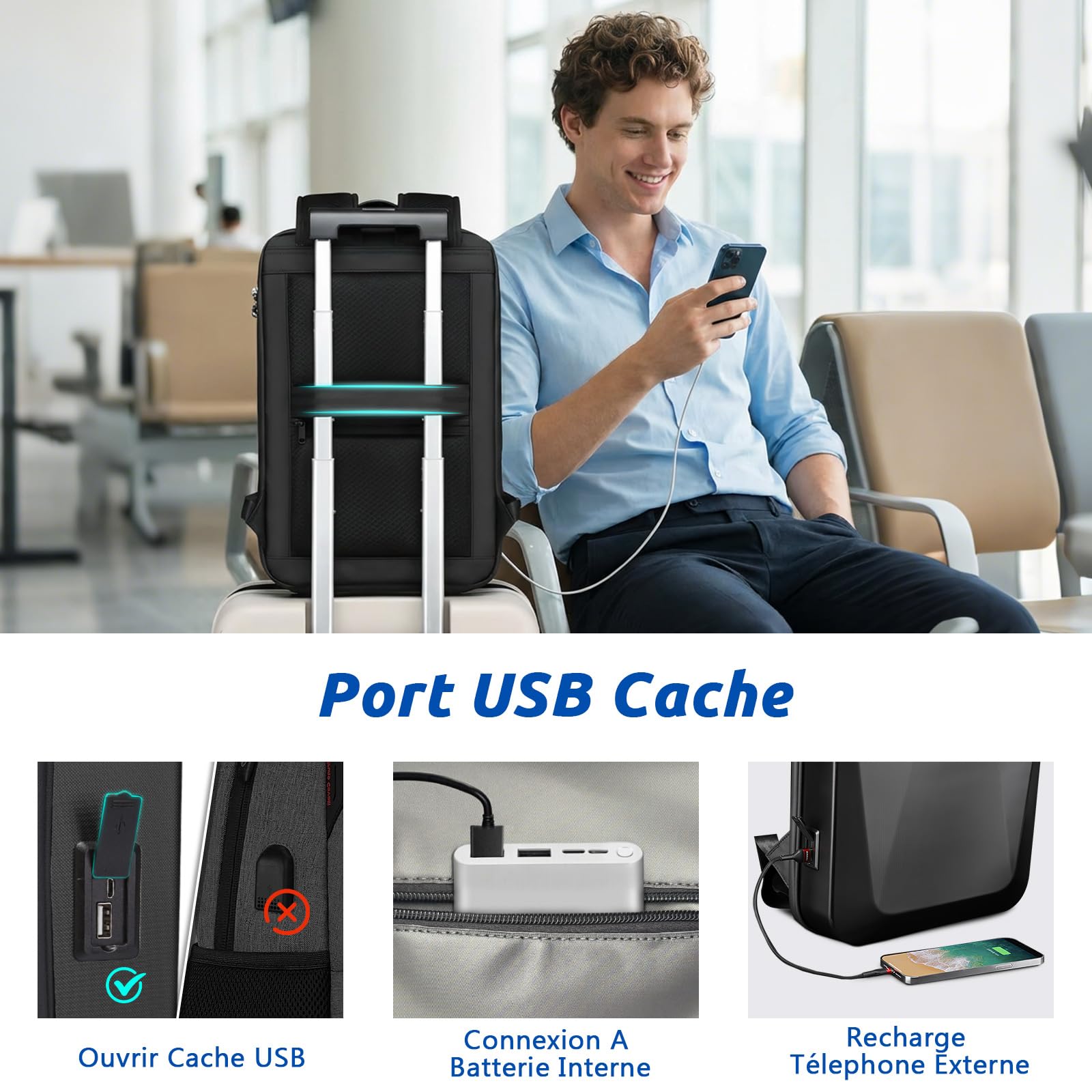VARLIVOO Sac à Dos Ordinateur Portable Extensible Homme 15,6 Pouces, Antivol Imperméable avec Port USB, Sac à Dos PC Rigide pour Travail, Voyage et Loisirs, Noir A, Extensible