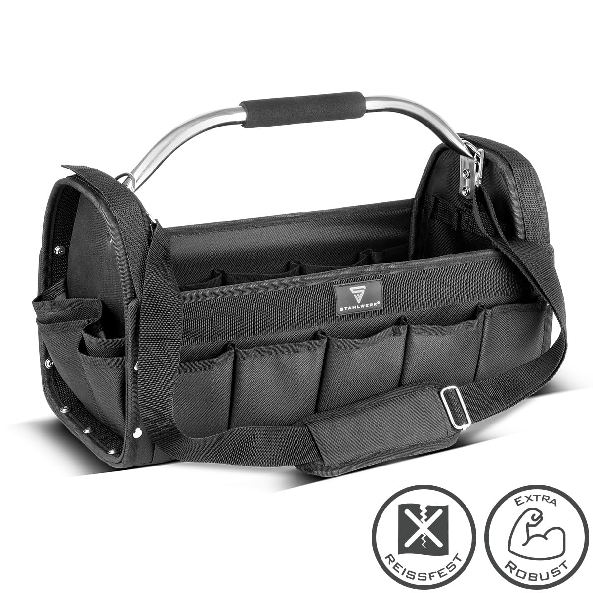 STAHLWERK Werkzeugtasche - 18 Außentaschen, 10 Innentaschen, robuste Installateur-Tasche, tragbarer Werkzeugkoffer, Montagetasche mit Tragegriff und Schultergurt, strapazierfähiges Polyester-Gewebe