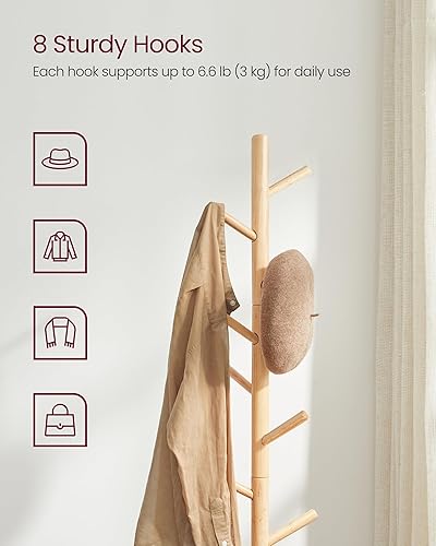 Miniatura 31 de VASAGLE Perchero de madera maciza, perchero en forma de árbol con 8 ganchos, 3 opciones de altura, para ropa, sombreros, bolsos, sala de estar,