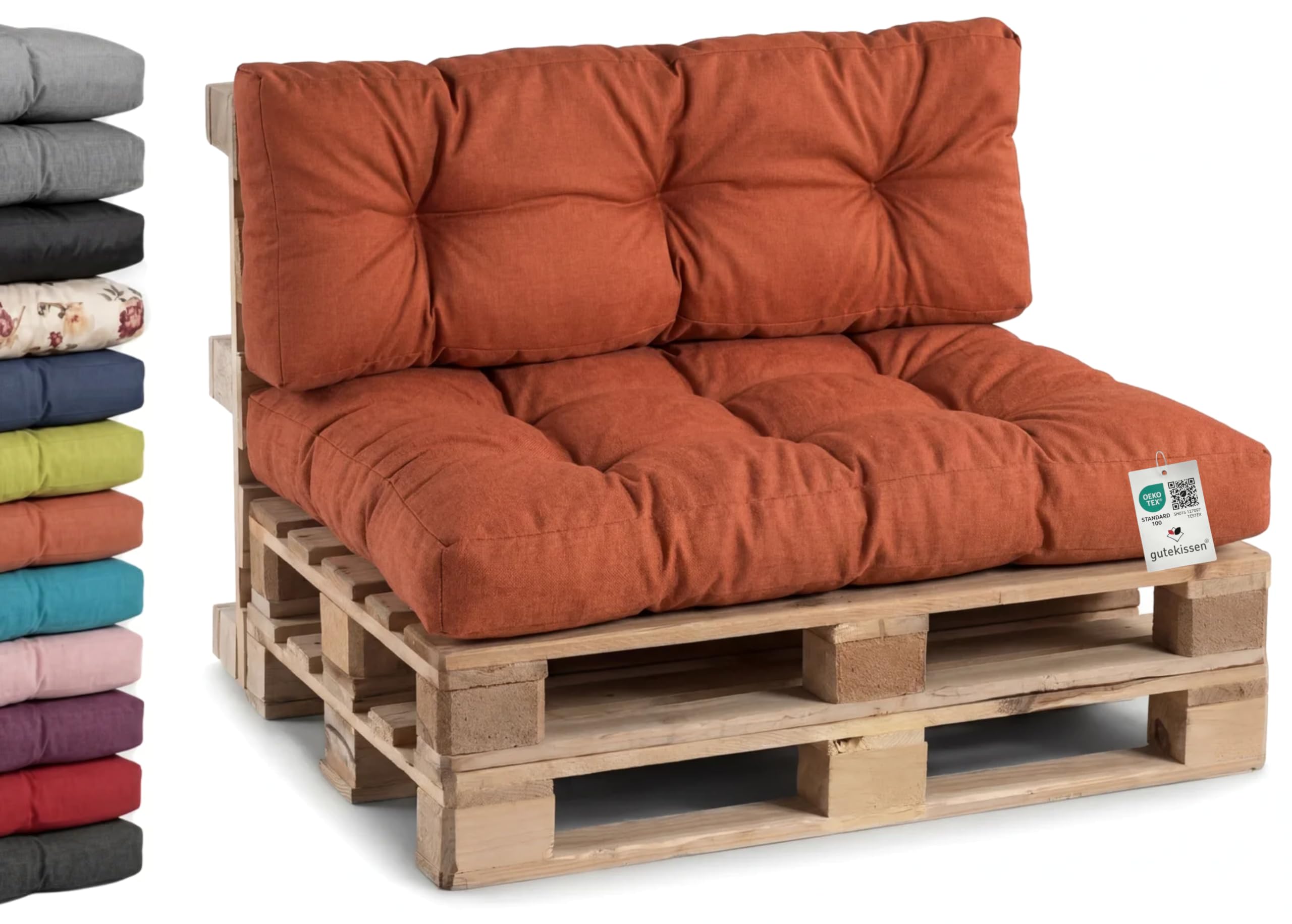 Gutekissen® Coussin de Palette Extérieur – Confort en Mousse pour Salon de Jardin, Terrasse, Balcon PPI (Coussin d'assise 120x80, gesteppt Orange)