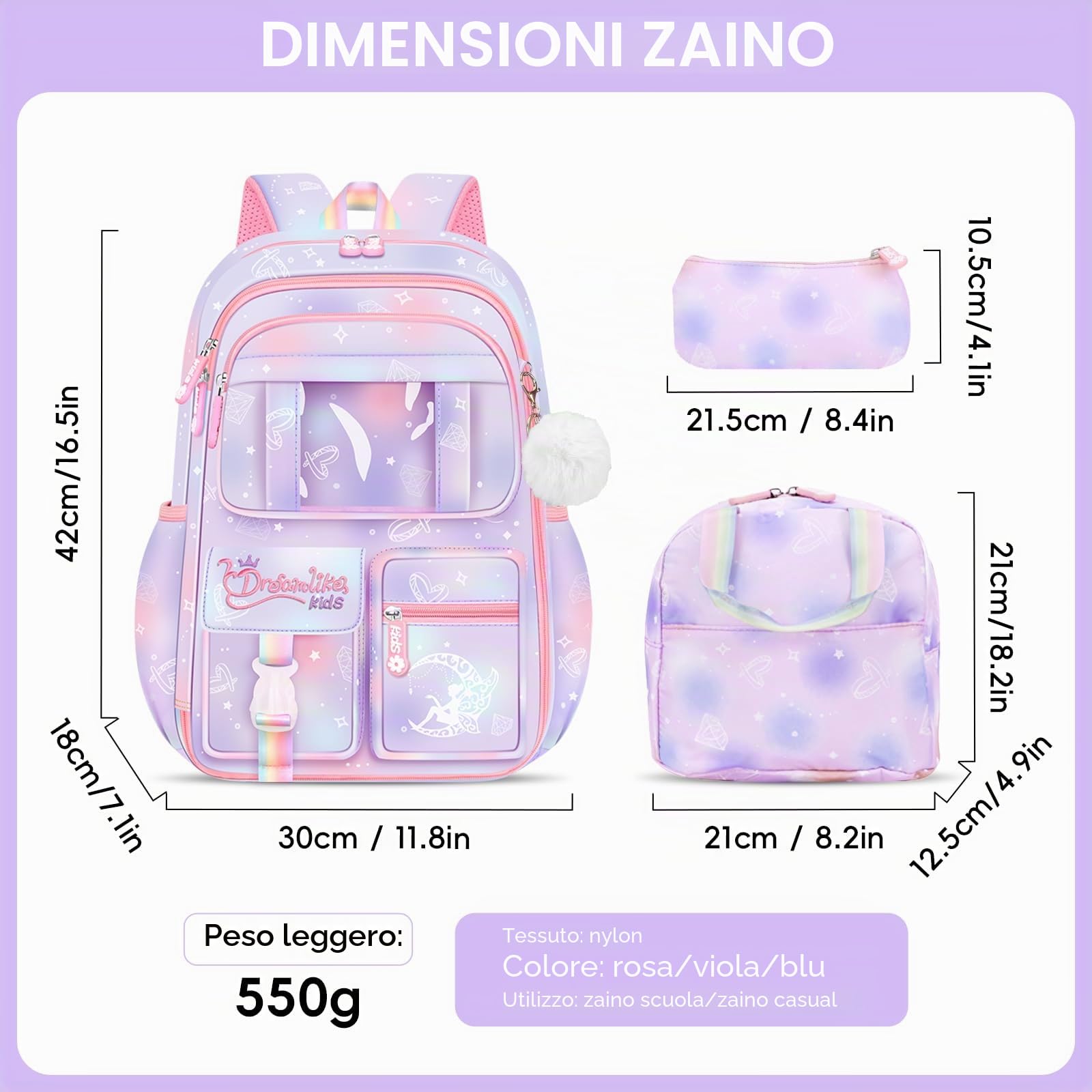Amythe Set 3 in 1 Zaino Ragazza con Sacca Pranzo Astuccio