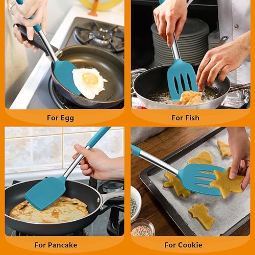 Miniatura 6 de E-far - Juego de 2 espátulas de silicona, espátulas sólidas y ranuradas para utensilios de cocina antiadherentes, utensilios de cocina de goma