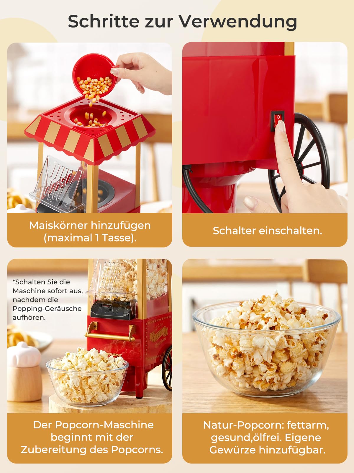 3,5L Popcornmaschine, HOUSNAT 1200W Heißluft Popcorn Maschine, Fettarme Ölfreie Popcorn Snack, Popcorn in 3 Minuten Genießen – Ideal für Zuhause und Feiern