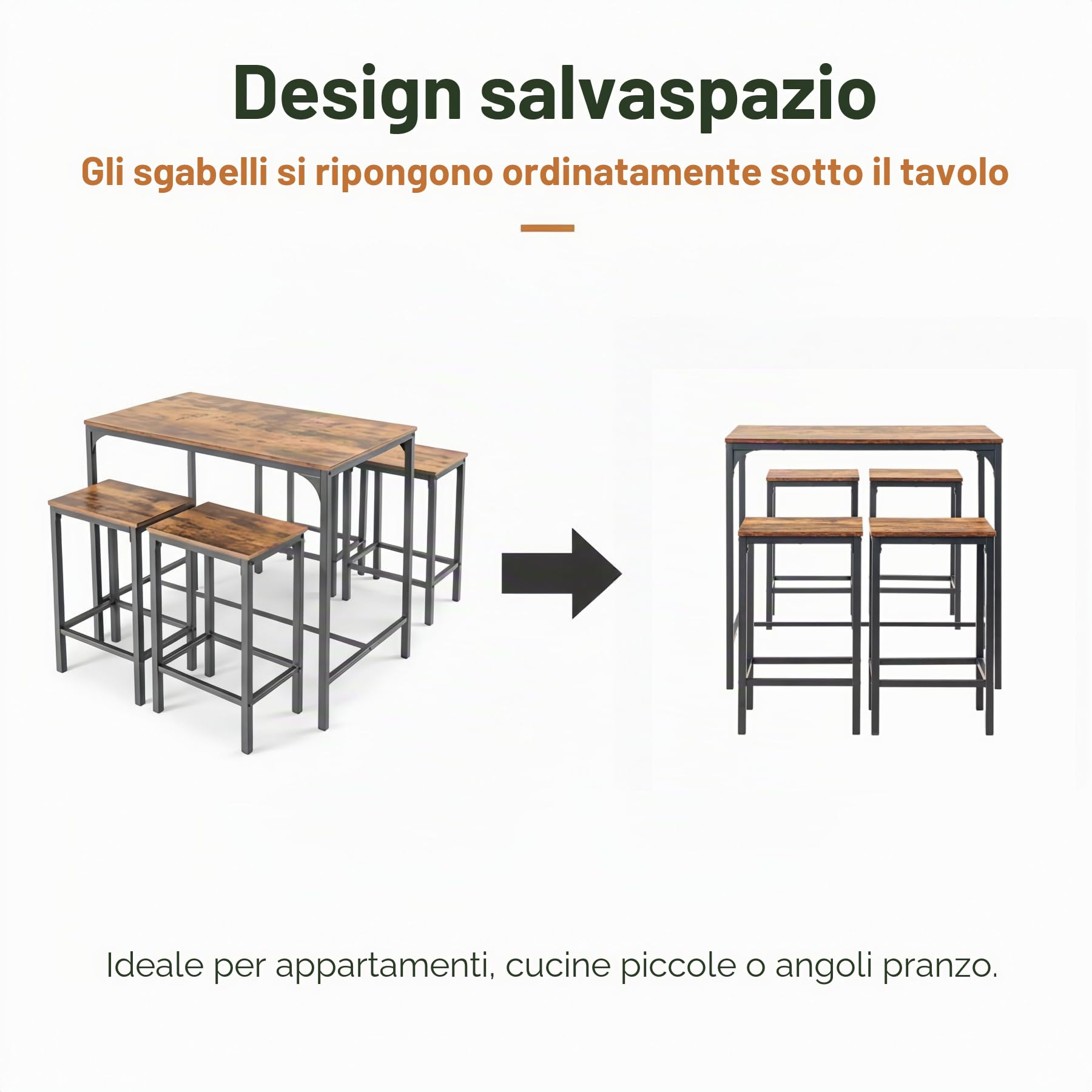 Tavolo Bar con 4 Sgabelli, Set Tavolo Alto Cucina 5 Pezzi, Tavolo da Bar 100 × 60 × 90 cm, Sgabelli 30 × 40 × 65 cm, Struttura in Metallo e MDF, Stile Industriale Vintage(Vinatura del legno vintage)