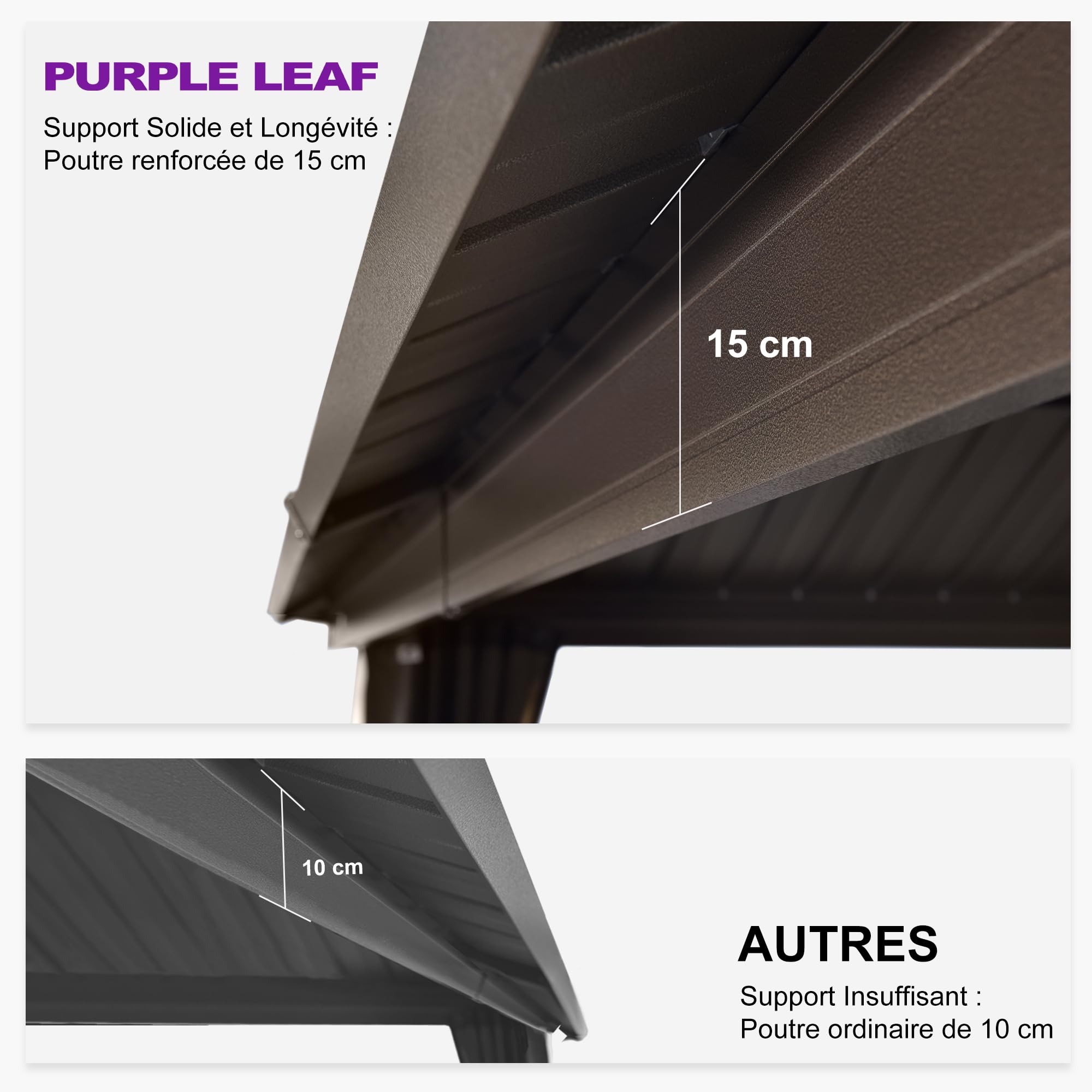 PURPLE LEAF Pergola Toit Rigide Acier Galvanisé 4,85 x 3,65 m Éclairage Intégré Rideaux Aluminium Bronze