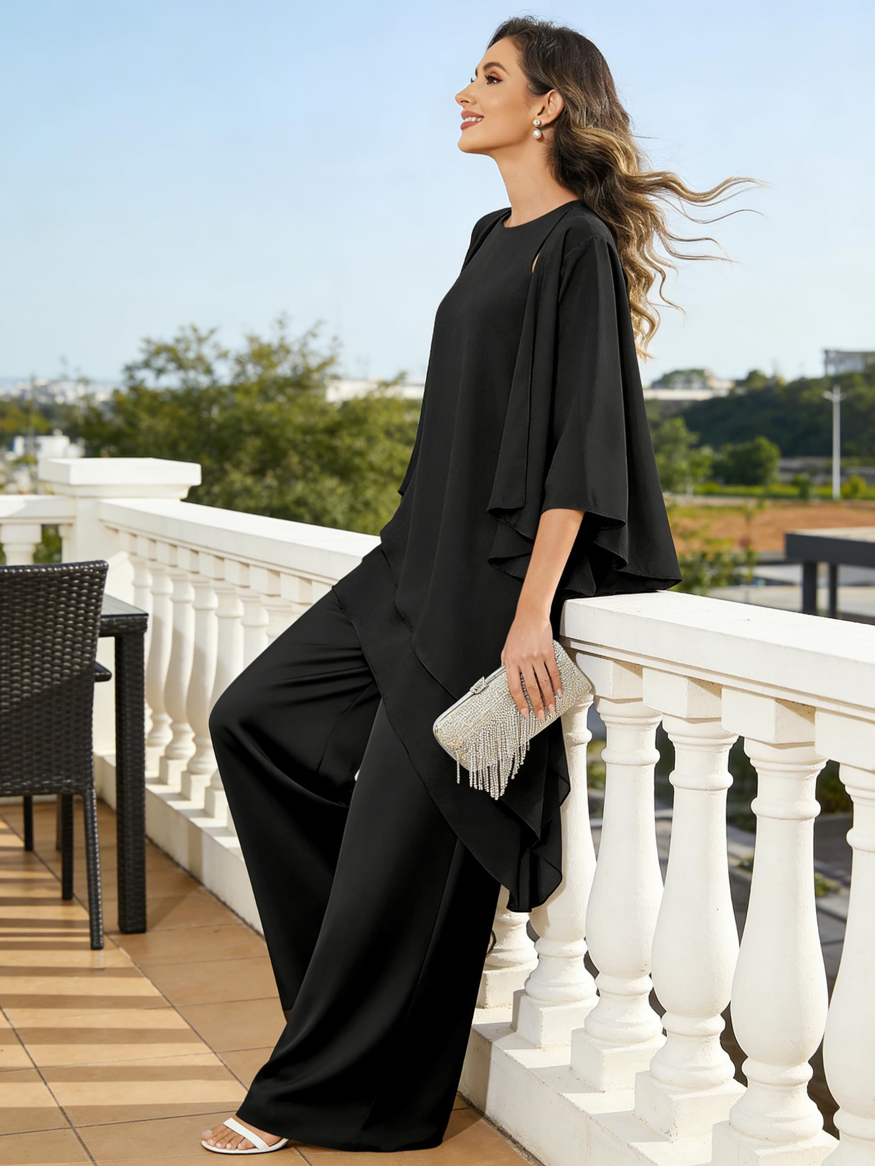 3 Stück Hosenanzug Damen Festlich Elegant,Chiffon Rüschen Mutter der Braut Hosenanzüge 3/4 Ärmel Hochzeit Jumpsuits