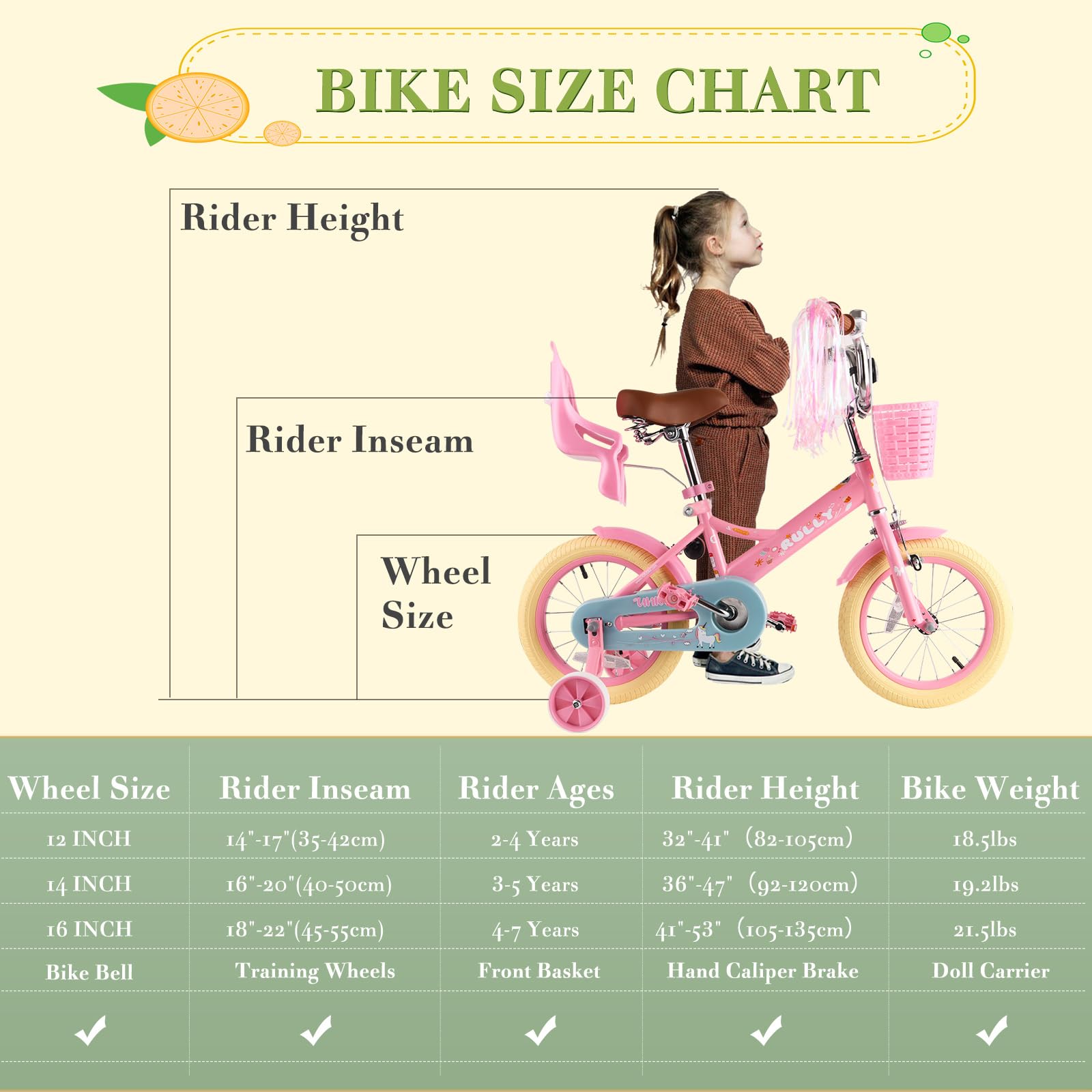 Vélo Enfant 12 14 16 Pouces RULLY Filles 2-7 Ans Roulettes Frein Panier