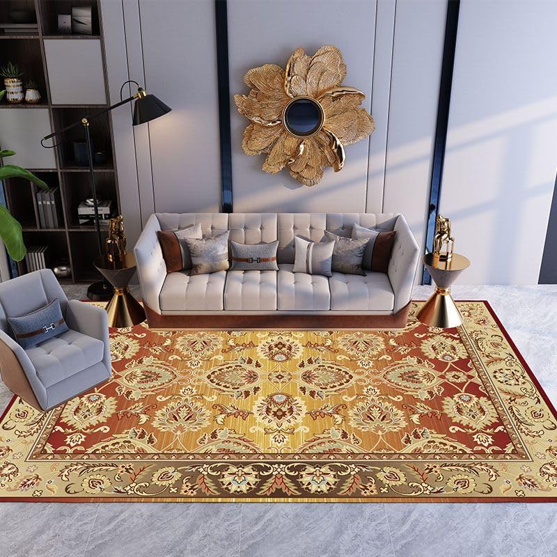 Alfombra vintage roja y amarilla para decorar un comedor acogedor
