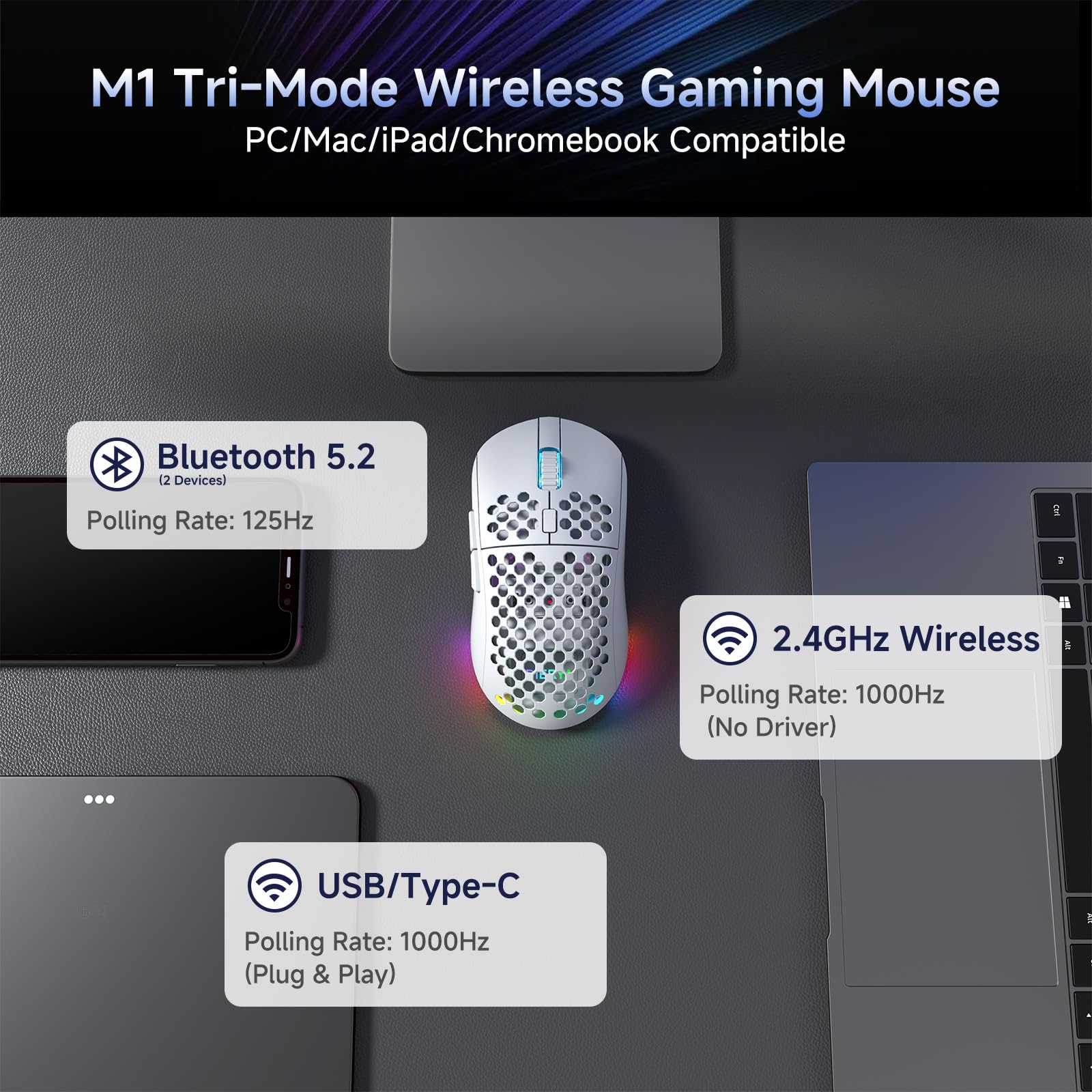 Dierya x TMKB M1 Kabellose Gaming Maus, 24.000 DPI Optischer Sensor, 90g Leichtgewicht, 6 Programmierbare Tasten, RGB Beleuchtung, 180h Akkulaufzeit, 2.4GHz/Bluetooth/USB-C Computer Maus, Weiß