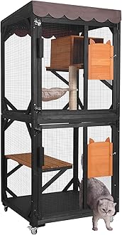 Outdoor Catio Cat Enclosures on Wheels Cat House 70.9" Large Kitty House with Upgraded Resting Box,Waterproof Roof Cover,Brown
