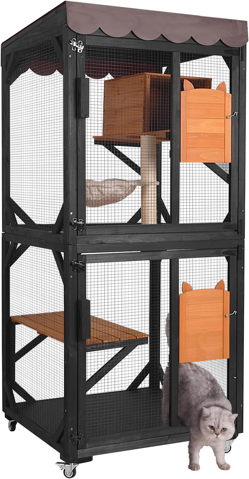 Outdoor Catio Cat Enclosures on Wheels Cat House 70.9" Large Kitty House with Upgraded Resting Box,Waterproof Roof Cover,Brown