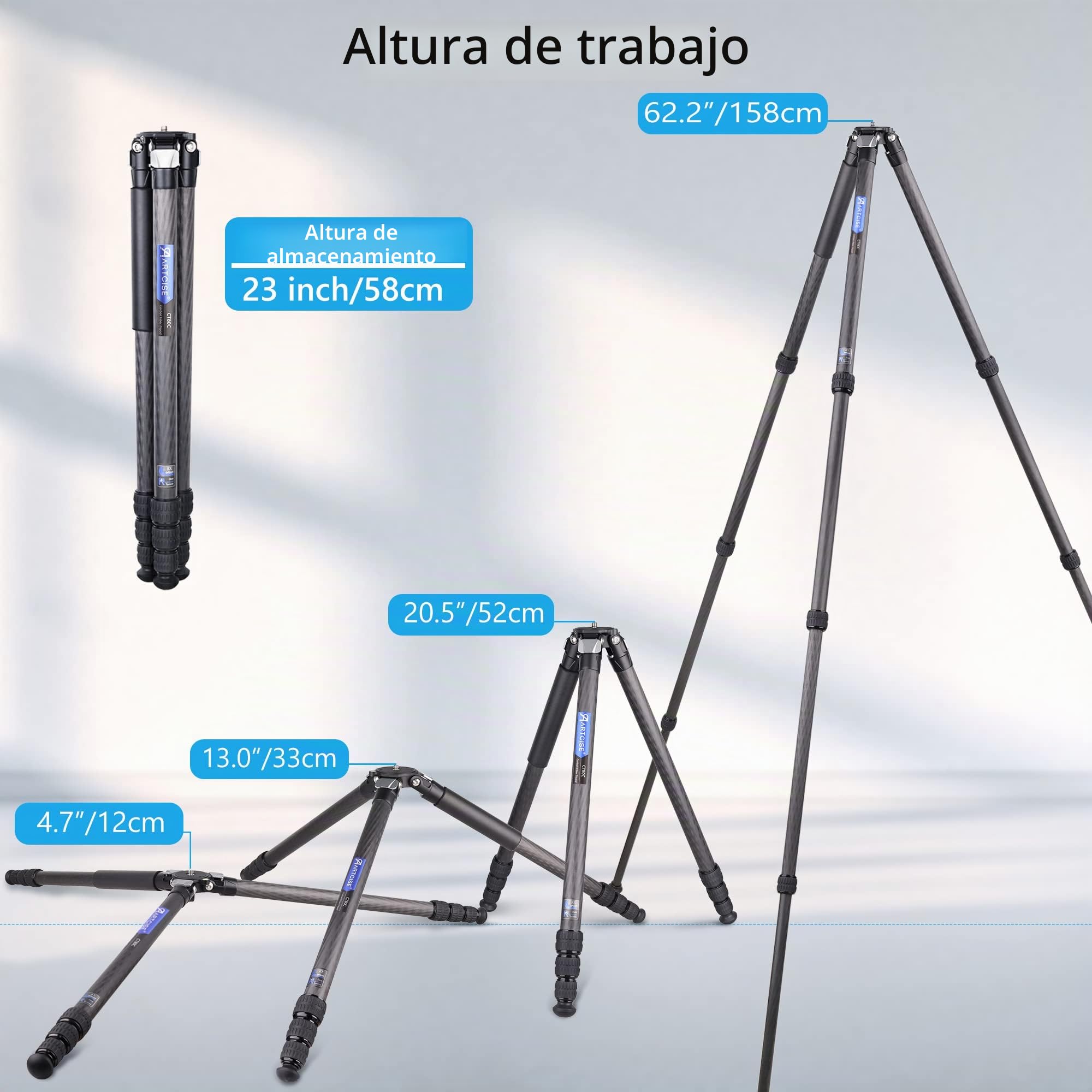 Trípode Compacto de Fibra de Carbono con Bolsa de Piedra ARTCISE CT80C Soporte de cámara de Viaje de Alta Resistencia para videocámara Canon Sony Nikon DSLR, Carga máxima 25 KG