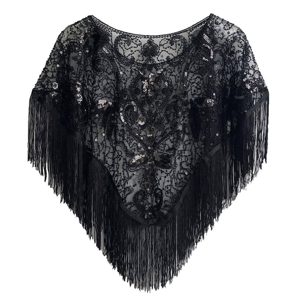 Bakermiche Women's Shawl 1920s Flapper Cover Up Fringed Evening Cape Gatsby Party Wedding Bridal Shawl Sequin Beaded Evening Shawl