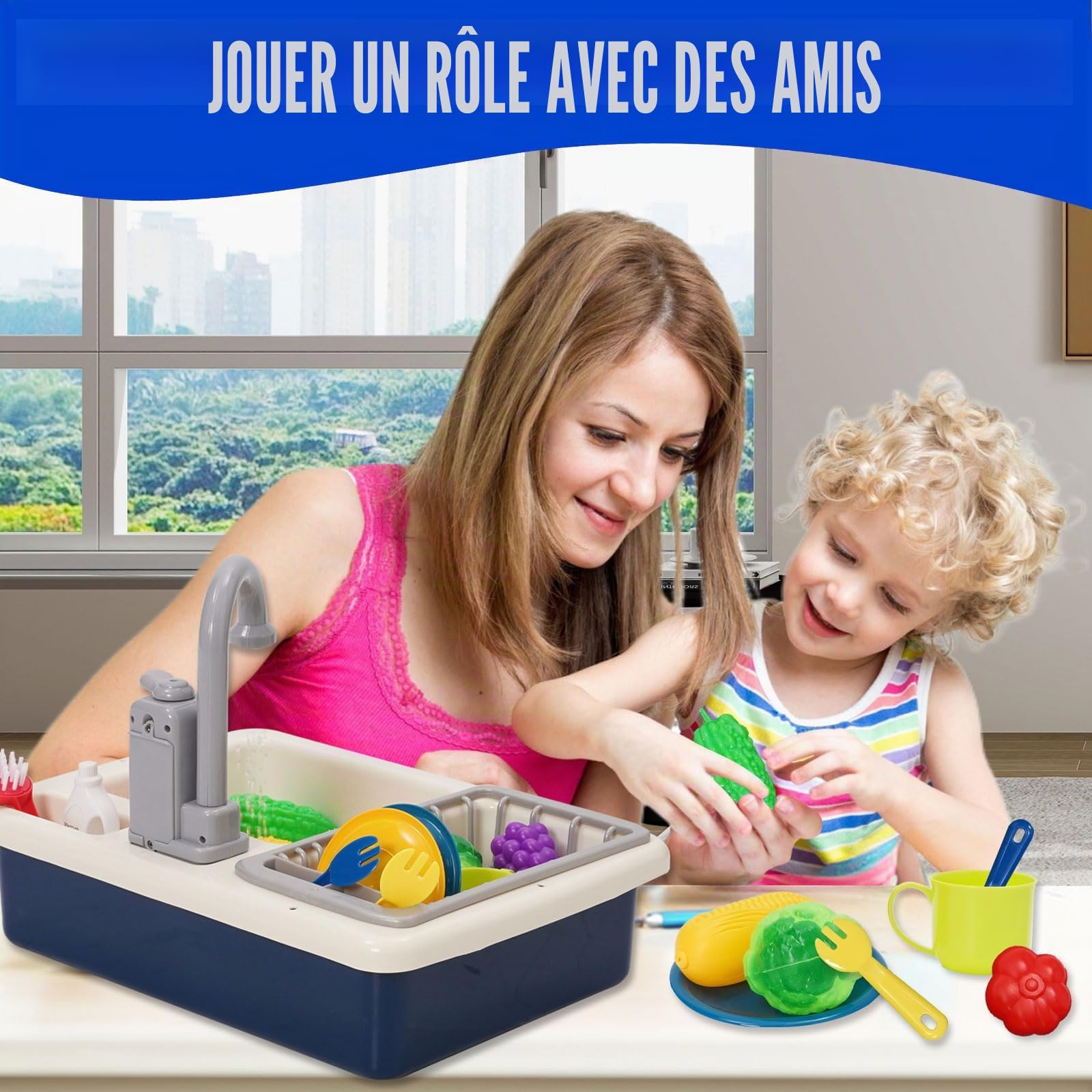 Ensemble évier de Cuisine Jouets avec Robinet Amélioré, Système de Recyclage de l'eau, Lavabo Enfant, Cuisine Exterieur Enfants, Jeu de Rôle pour Garçons Filles de 3 4 5 6 7 Ans(Bleu)