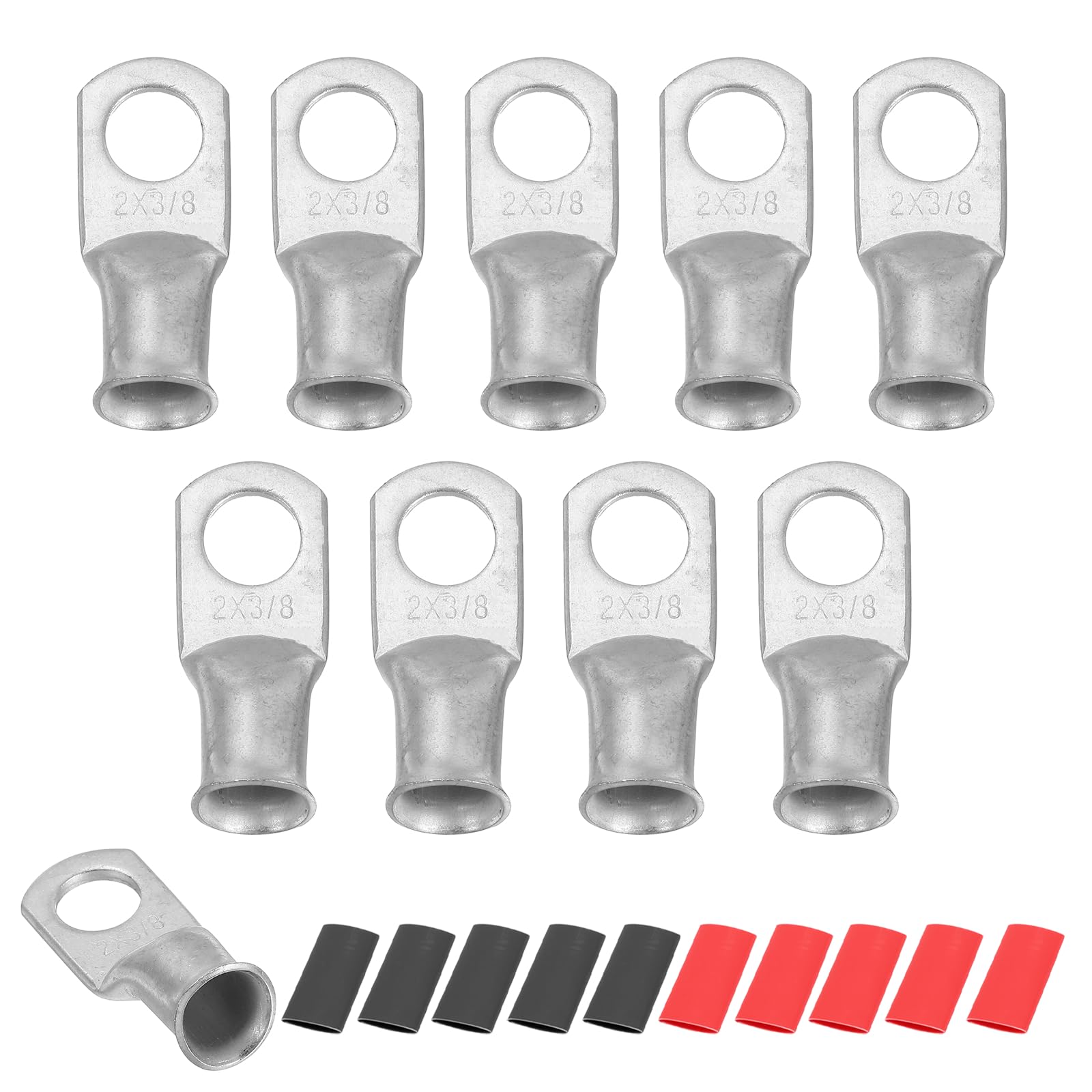 sourcing map 10pcs 2 AWG M10 Battery Lugs Ring Terminals, 3/8" 10mm Stud Crimp Wire Terminal Connector End Copper, 2:1 Heat Shrink Tubing, Silver
