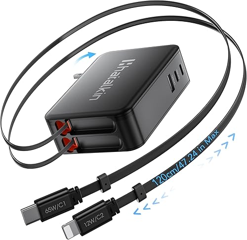 65W para cargador MacBook Pro, enchufe de pared retráctil de 5 en 1 para iPhone 17, cable PD USB C de 1,2 m de doble longitud y 3 puertos, bloque de