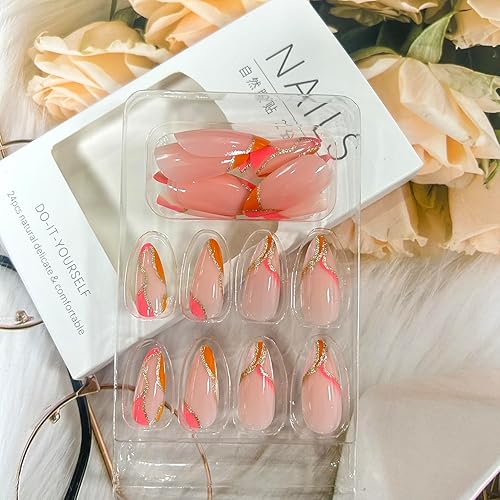 Miniatura 16 de Uñas postizas a presión de almendra, medianas, uñas postizas artificiales con bonito diseño de flores, cobertura completa, reutilizables