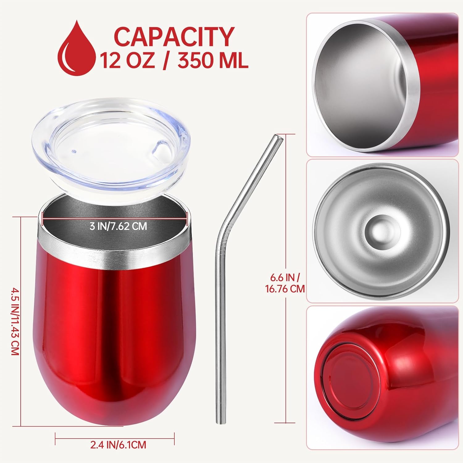 Volhoply 12oz Stainless Steel Wine Tumbler with Lid and Straw,Double Wall Vacuum Insulated Stemless Wine Glasses,Reusable Travel Coffee Mug for Cold Drinks,Small Tumblers Gifts for Her Him(Red,1 Set) - Image 2
