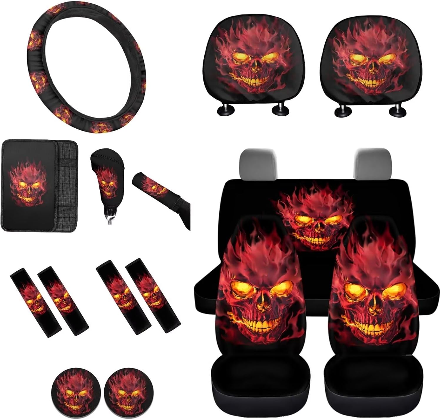 Skull Rose Printed Car Seat Cover Full Set with Steering Wheel Cover Armrest Pads Seat Belt Cover Car Handbrake Cover Gear Shift Knob Cover Universal Fit for SUV Sedan Van Truck, Black