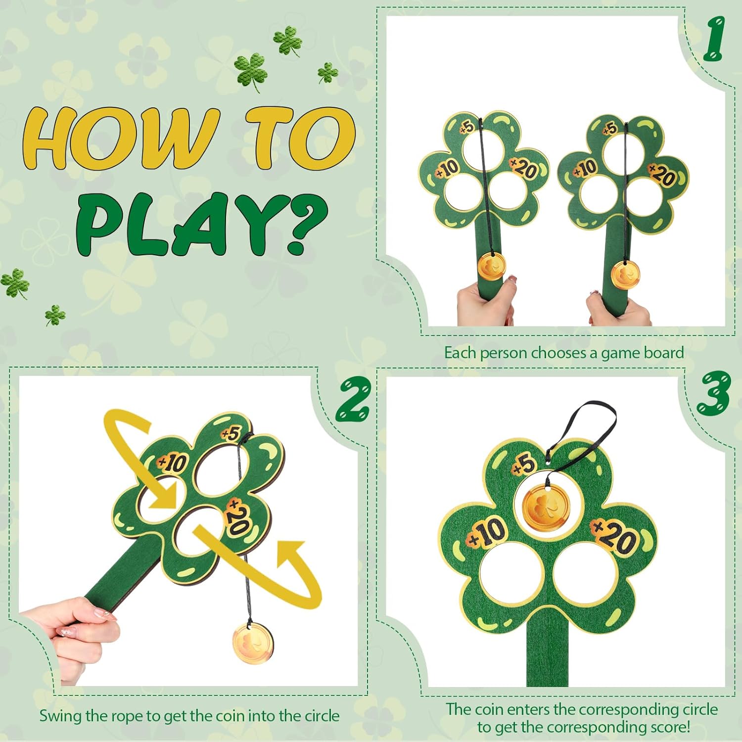 Wettarn 6 Pcs St. Patrick's Day Gold Coin Swing Game Board Shamrock Game St. Patrick's Day Wooden Game Board St. Patrick's Day Gifts Yard Games Outdoor Family Game Leprechaun Trap Kit