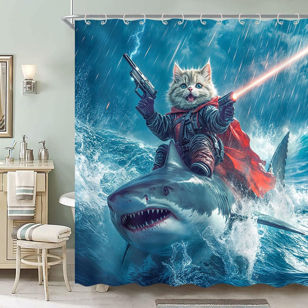 Funny Cat Shower Curtain for Bathroom Boys, Funky Cat Riding Shark Fighting on Blue Ocean Fabric Waterproof Shower Curtain Sets with Hooks, Blue Curtains Polyester Fabric Bathroom Bathtub,36X70IN