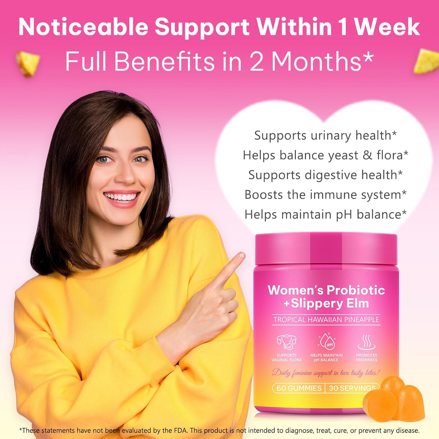 Feminine Probiotics Gummies with Slippery Elm | Pineapple Gummies for Women ph Balance, Vaginal Probiotics Supports Flora, Gut Health & Immune System, Prebiotics & Lactobacillus Blend | 60 Gummies - Image 7