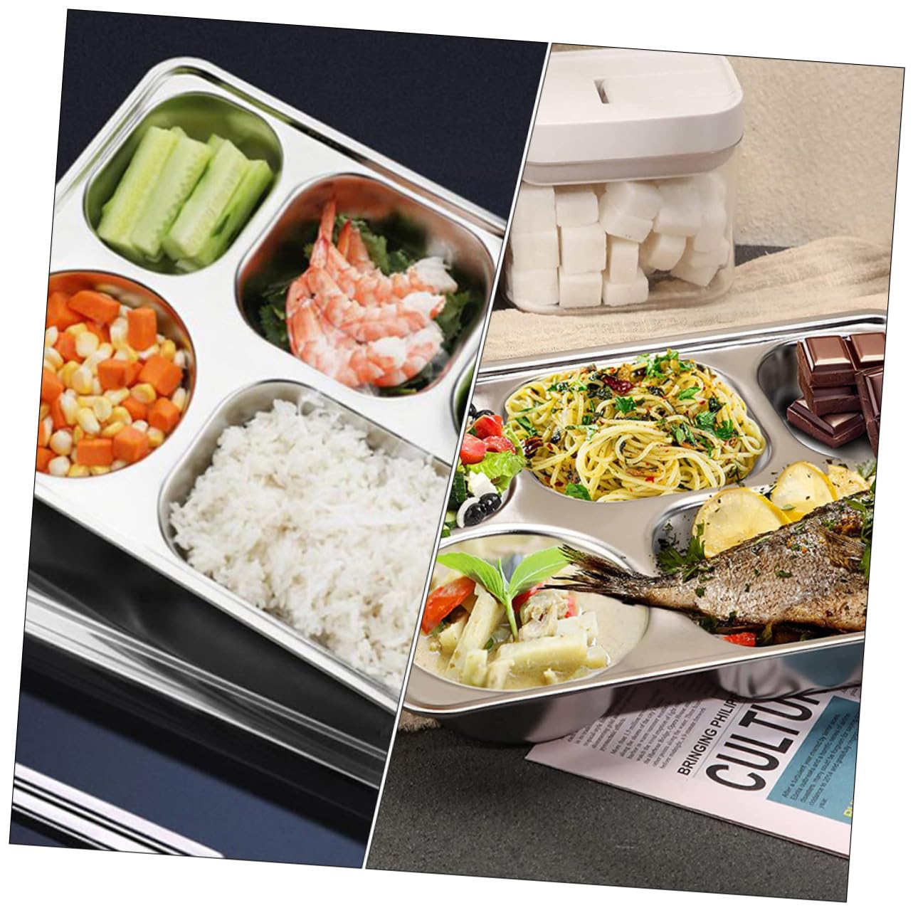 Lot de 3 Assiettes Repas en Acier Inoxydable à Trois Compartiments