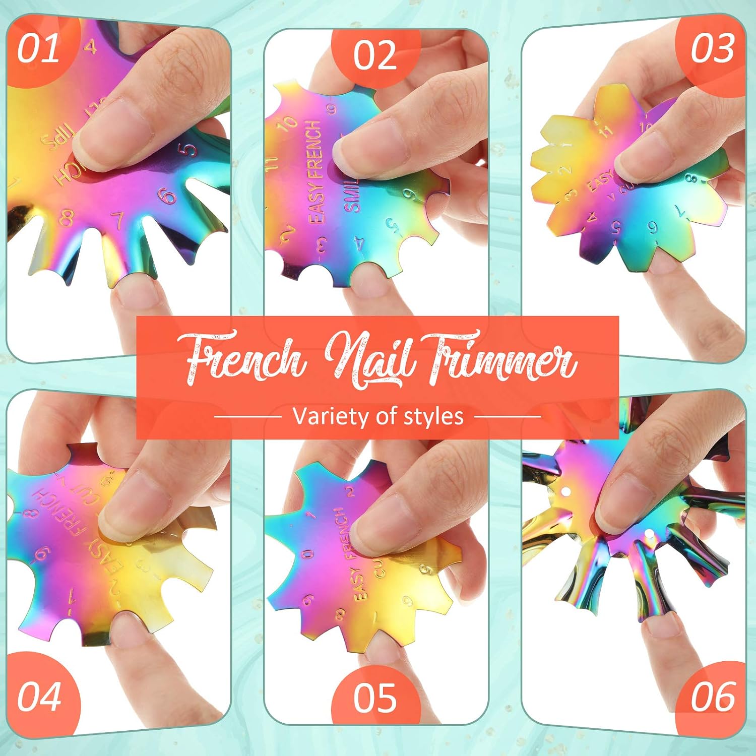 13 Pcs Acrylic Nail French Tip Tool, 6 French Tip Cutter Stainless Steel Smile Line Cutter Manicure Edge Trimmer DIY Plate Module with 2 Nail Cutting Knife and 5 Spare Blade(Colorful)
