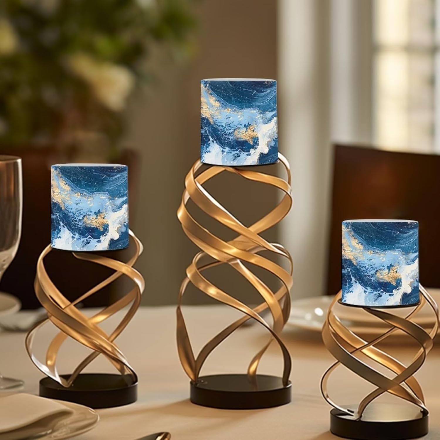 4 Packs Decorative Flameless Candles 3 inch LED Pillar Candles with Remote Timer Control Battery Operated Color Changing Candles Blue Marble Print