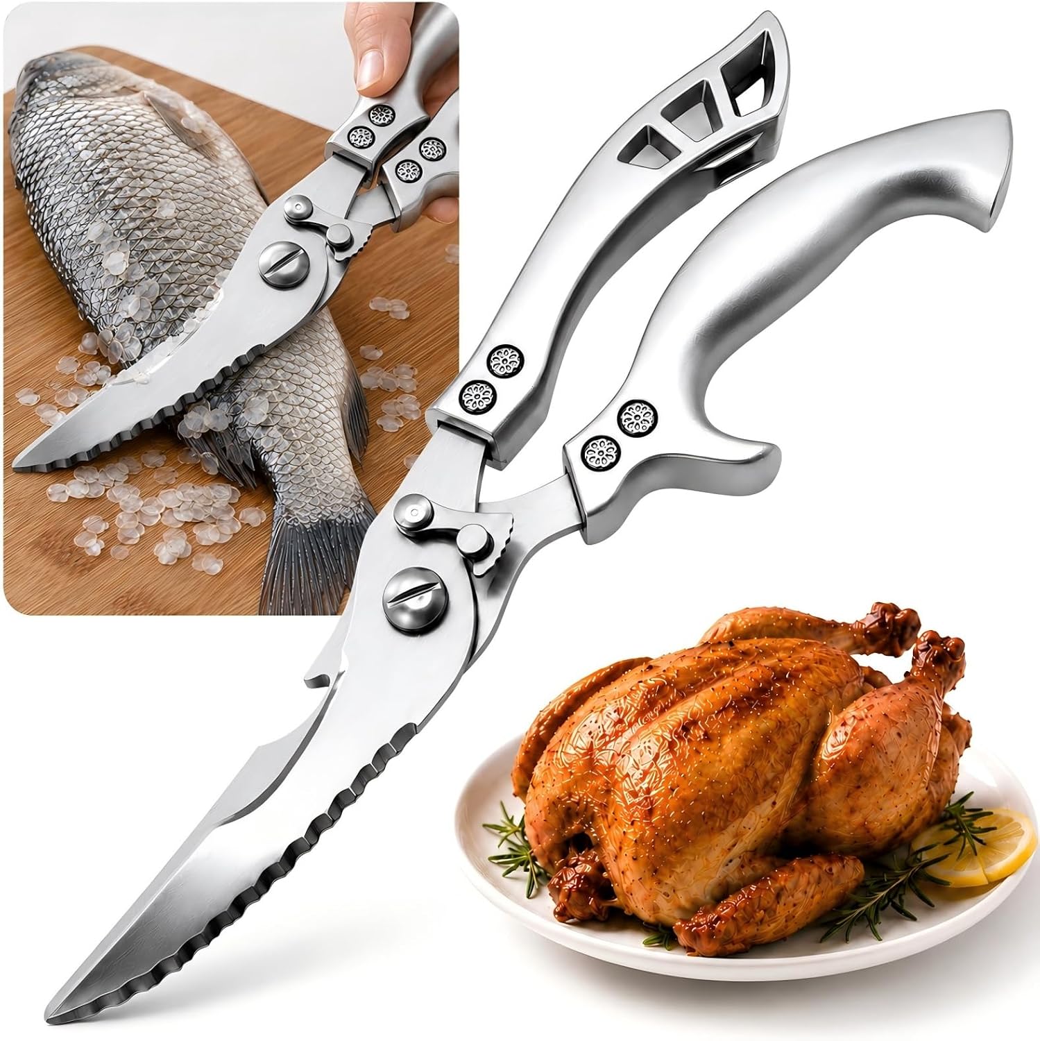 Poultry Shears, Spring Loaded Kitchen Scissors Fish Scaler Opener | 3-in-1 Kitchen Shears – poultry shears, fish scaler & bottle opener in one 10-inch tool. Cut chicken, turkey, fish, meat.