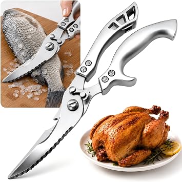 Poultry Shears, Spring Loaded Kitchen Scissors Fish Scaler Opener | 3-in-1 Kitchen Shears poultry shears, fish scaler & bottle opener in one 10-inch tool. Cut chicken, turkey, fish, meat.
