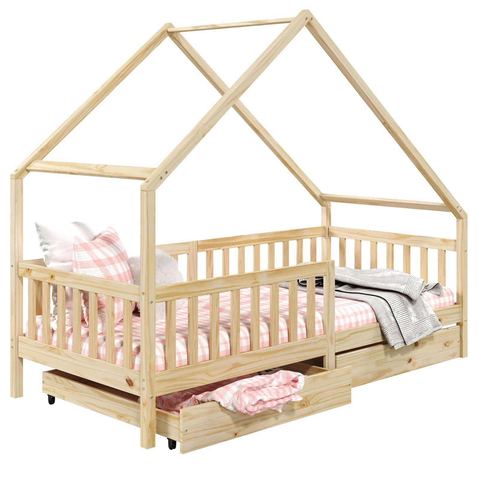 IDIMEX Hausbett ALVA aus Kiefer Massivholz, Natur - Kinderbett mit Dach, Tipibett mit Schubladen, Kinderzimmer Bett, Bodennahes Bett Montessori, ideal für Dachschrägen