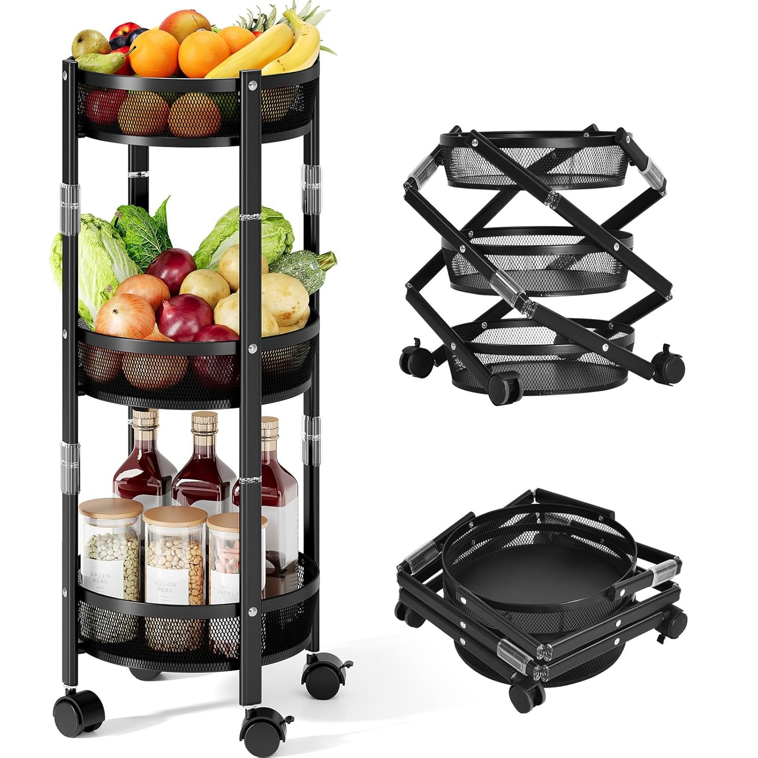JD FRESH 3-Tier Foldable Rolling Storage cart/Metal Utility Storage Trolly with Lockable Wheels/Assembly-Free and Versatile Serving Organizer Trolley for Kitchen, Bathroom or Living Room (Black)-image-36