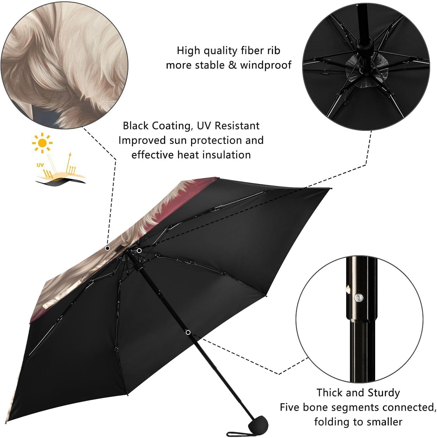 5 Fold Travel Umbrella for Rain Sun & UV Protection, American Usa Flag Dog Windproof 6 Ribs UPF 50+ Compact Lightweight Folding Umbrella for Adults & Kids