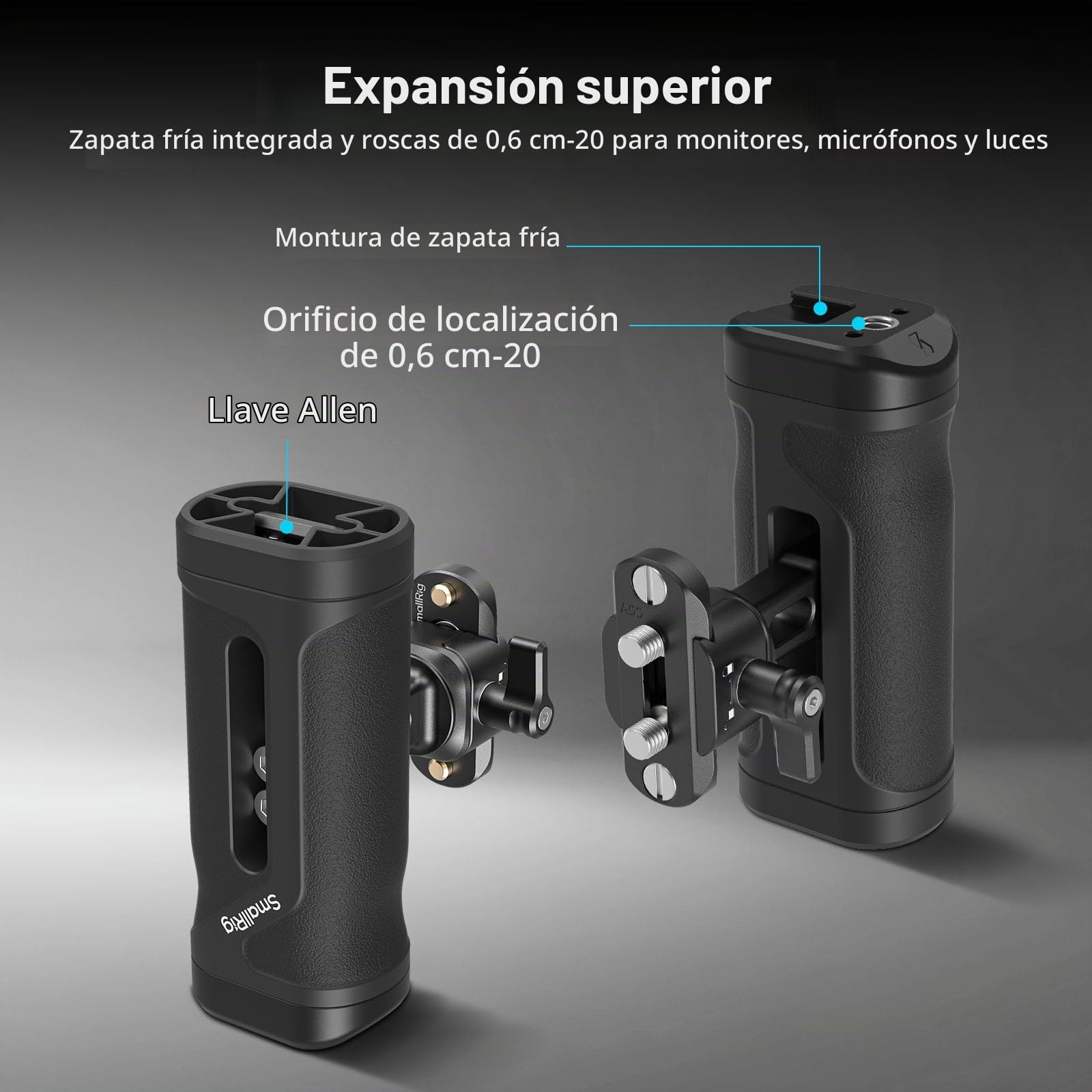 SMALLRIG Empuñadura Lateral Mini con Pinza y Riel NATO, para Mano Izquierda o Derecha, Ajuste Vertical, con Zapata Fría y Rosca, Carga Máx. 10kg - 5947
